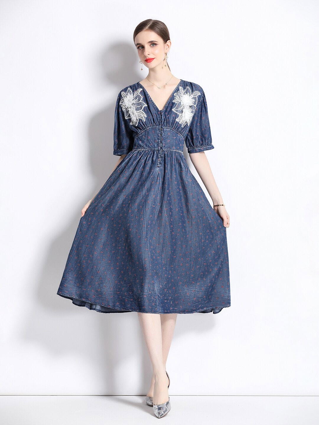 

JC Collection V-Neck Fit & Flare Midi Dress, Blue
