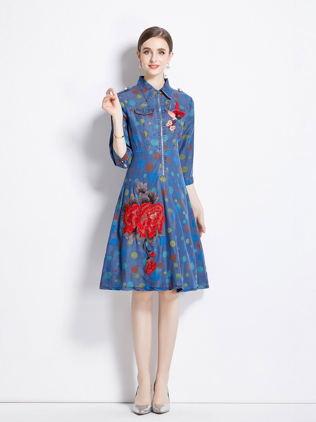 

JC Collection Geometric Printed Cuffed Sleeves Floral Applque Shirt Dress, Blue