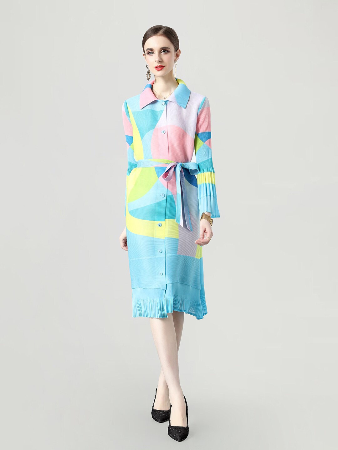 

JC Collection Abstract Printed Shirt Collar Midi Shirt Dress With Belt, Blue