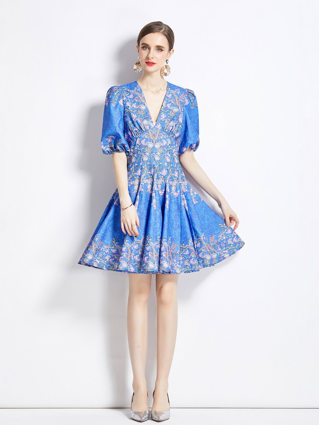 

JC Collection Floral Printed V-Neck Puff Sleeves Pleated Fit & Flare Dress, Blue