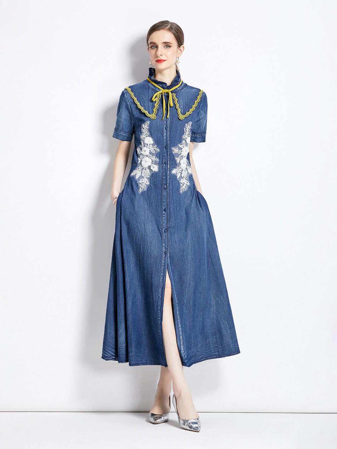 

JC Collection Floral Embroidered Above The Keyboard Collar Maxi Dress, Blue