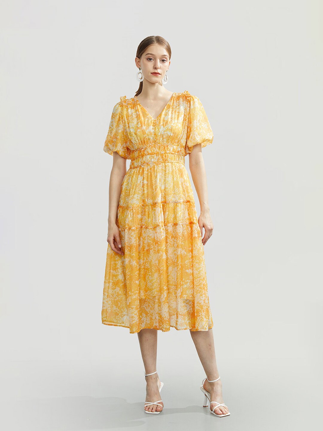 

JC Collection Abstract Printed Puff Sleeves Fit & Flare Midi Dress, Yellow