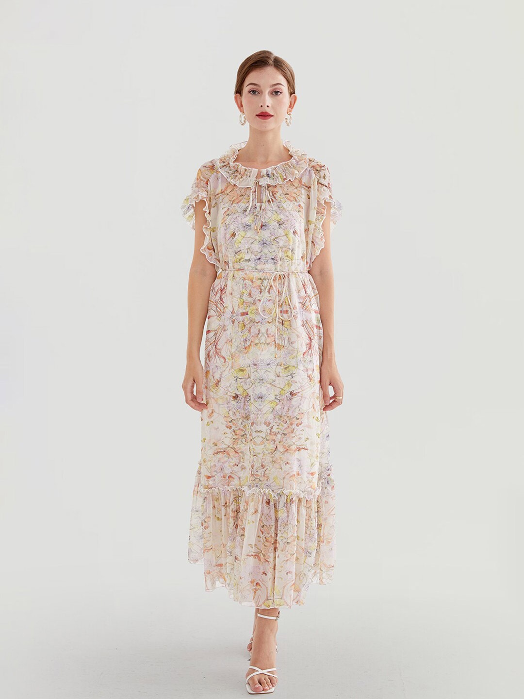

JC Collection Floral Printed Flutter Sleeve Maxi Midi Dress, Off white