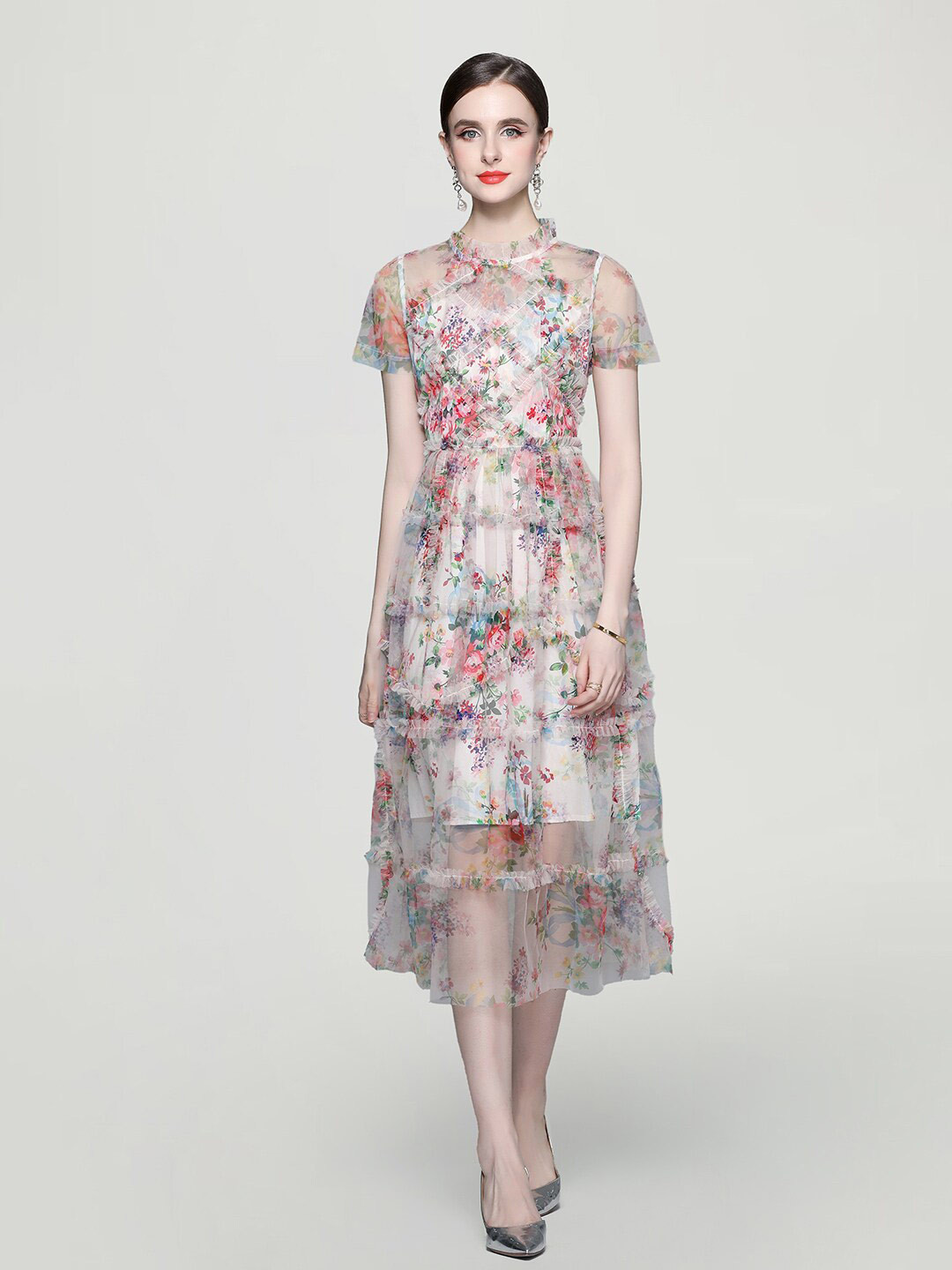 

JC Collection Floral Print High Neck A-Line Midi Dress, White