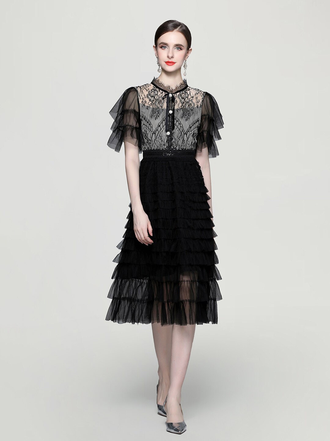 

JC Collection Self Design Flared Sleeves Layered Fit & Flare Midi Dress, Black
