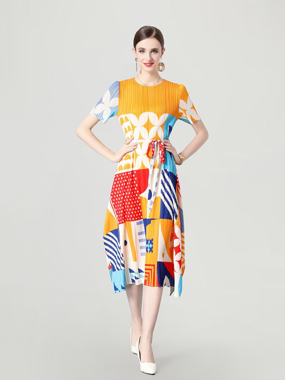 

JC Collection Abstract Print Fit & Flare Midi Dress, Yellow