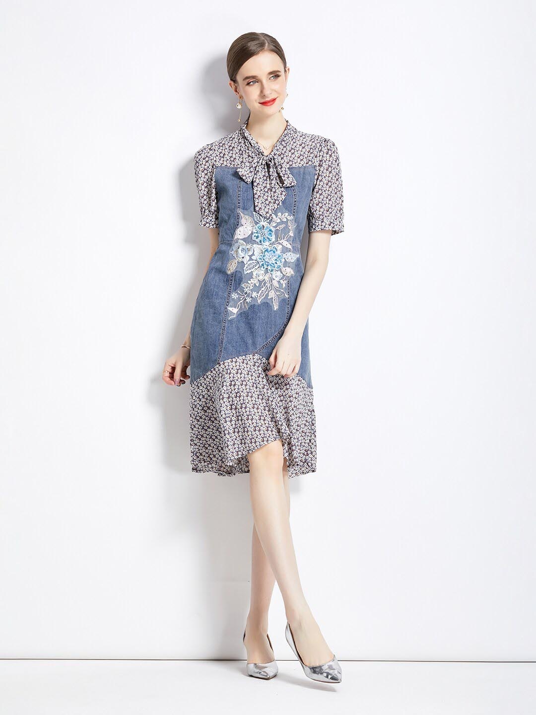 

JC Collection Floral Printed Tie Up Neck Floral Applique Shirt Dress, Blue