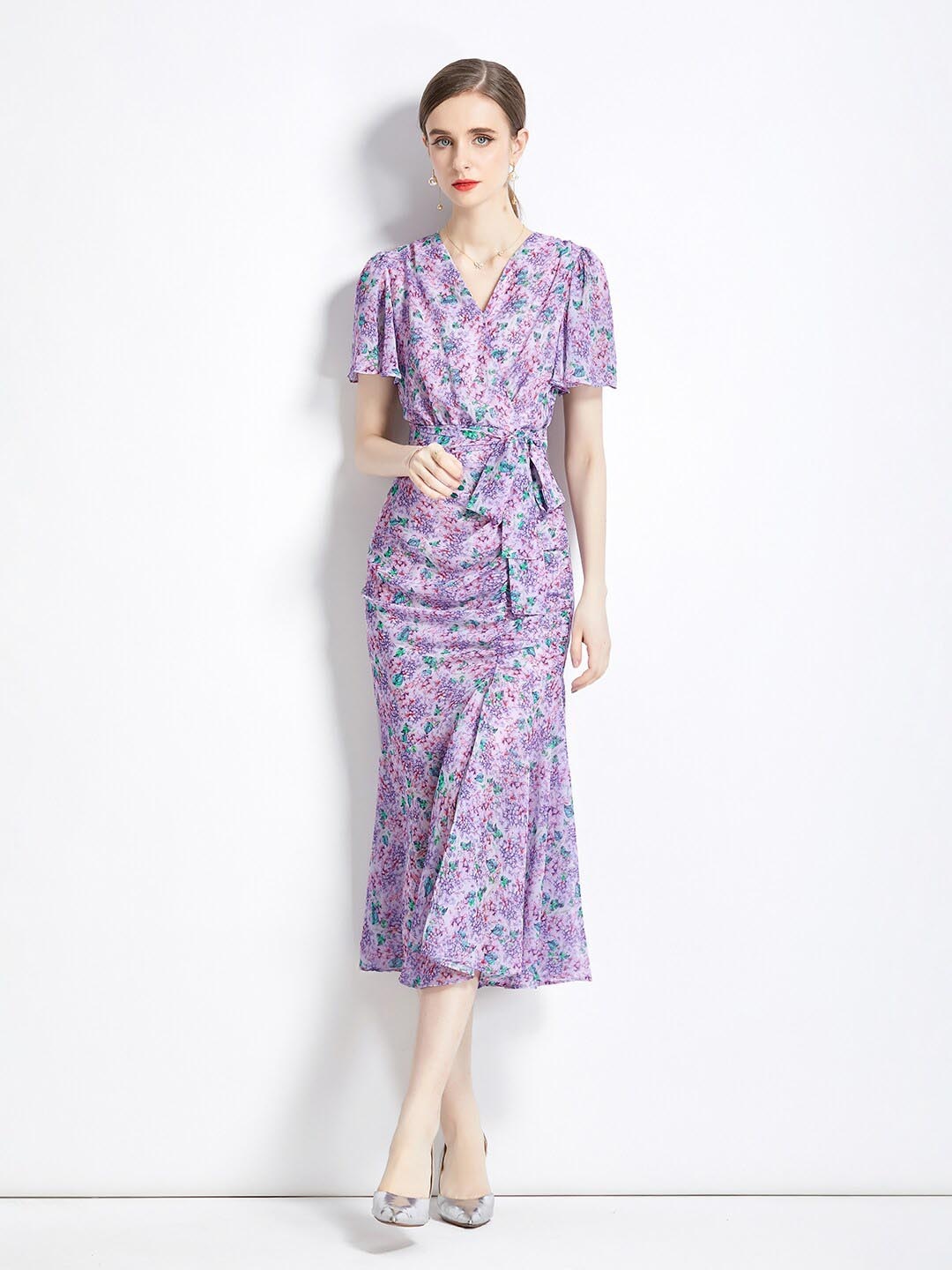 

JC Collection Floral Printed V-Neck Midi Wrap Dress With Belt, Lavender