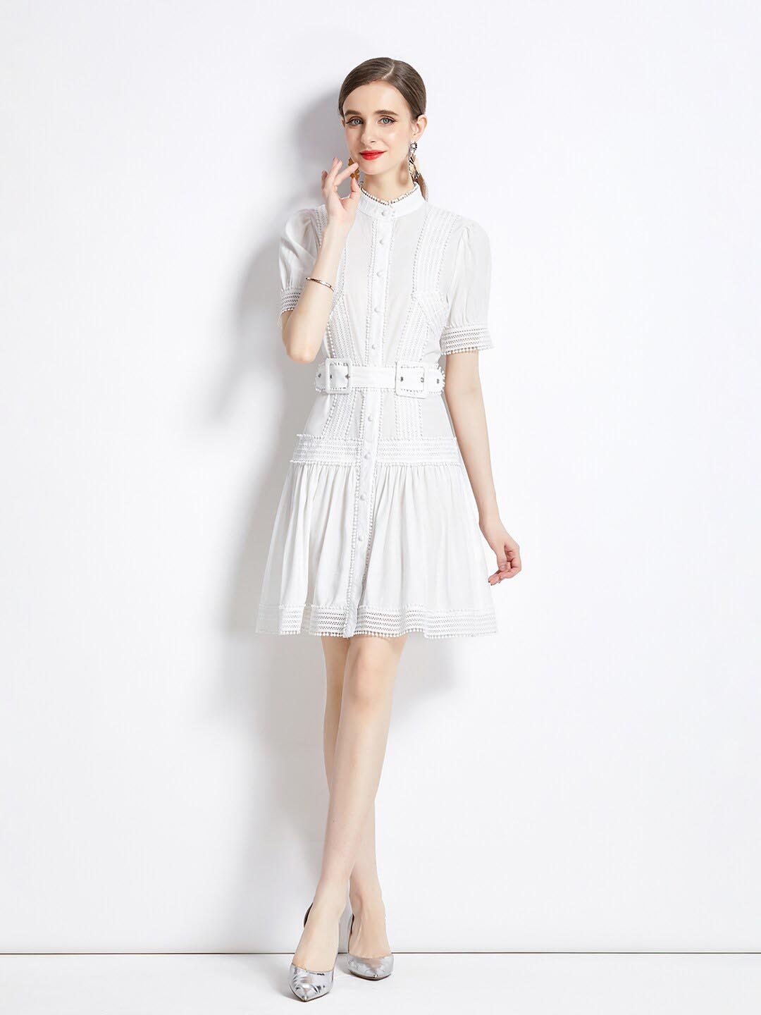 

JC Collection Self Designed Band Collar A-Line Dress, White