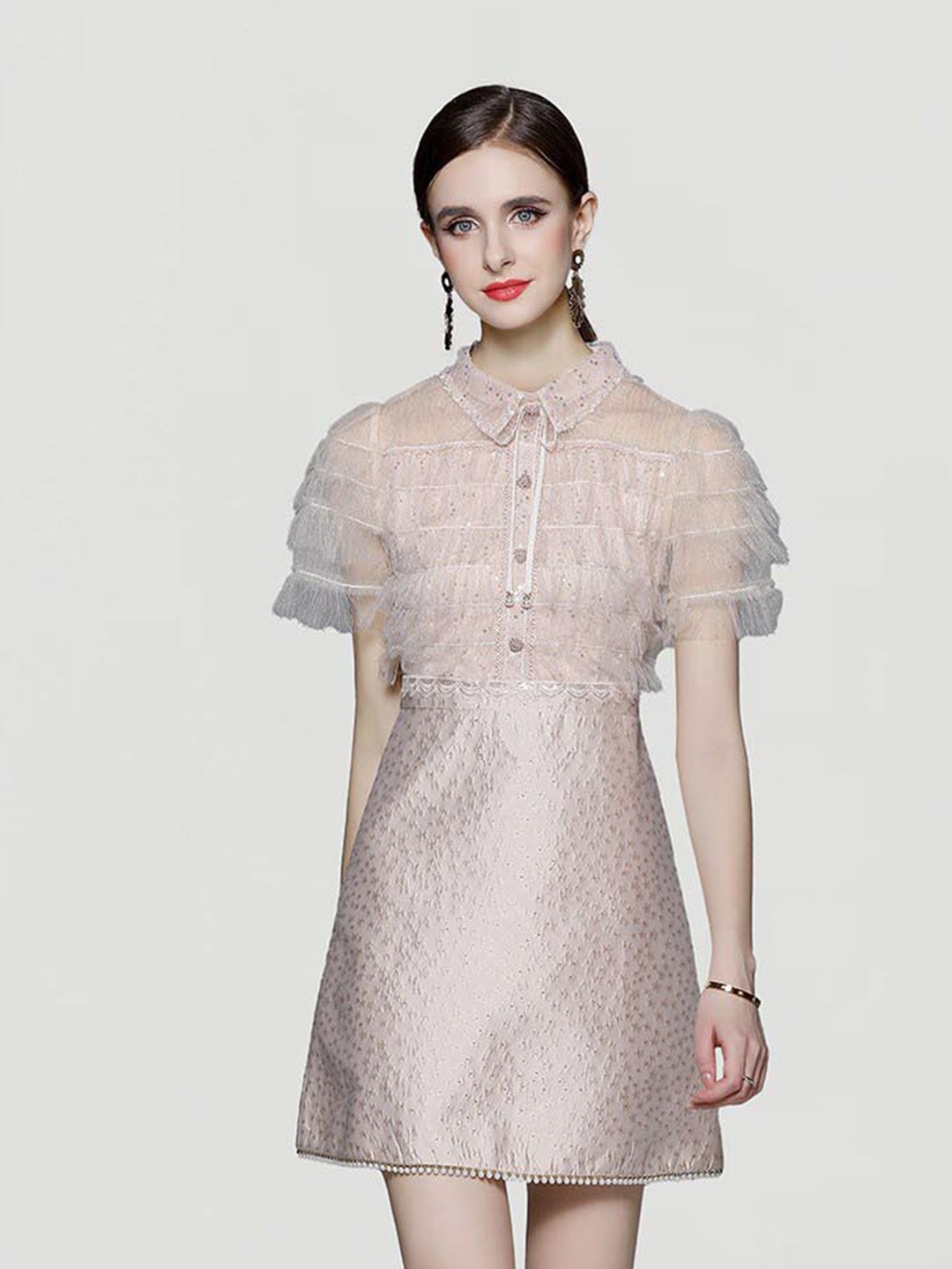 

JC Collection Self Design Puff Sleeve A-Line Mini Dress, Beige