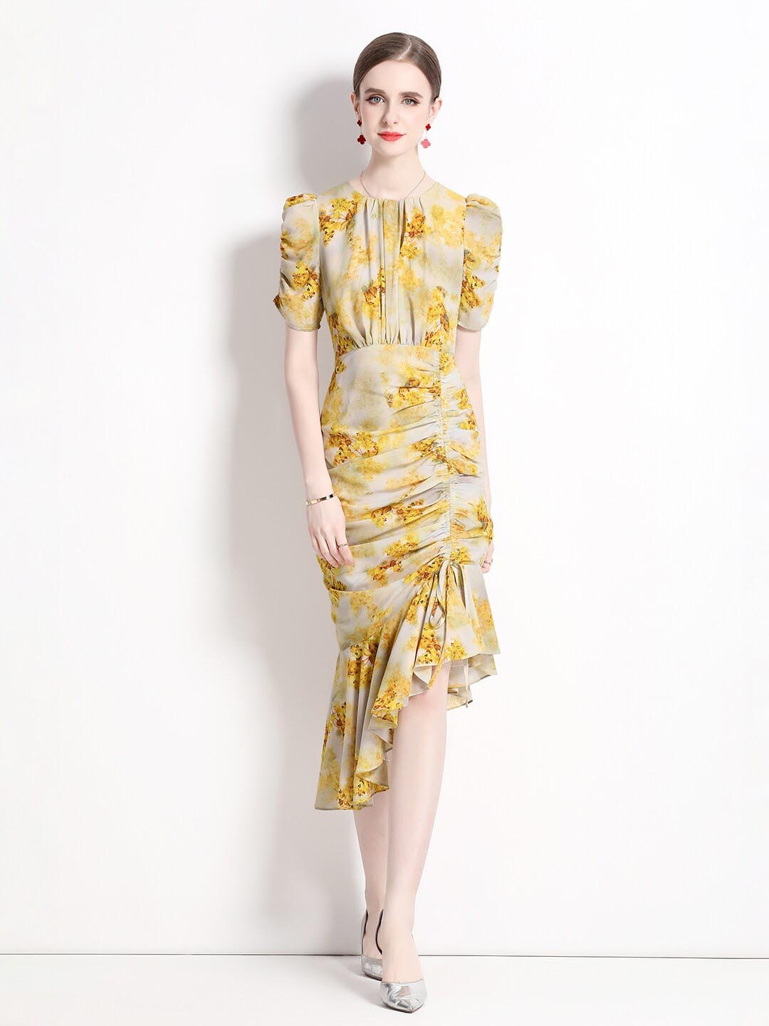 

JC Collection Floral Printed Round Neck Gathered Sheath Dress, Yellow