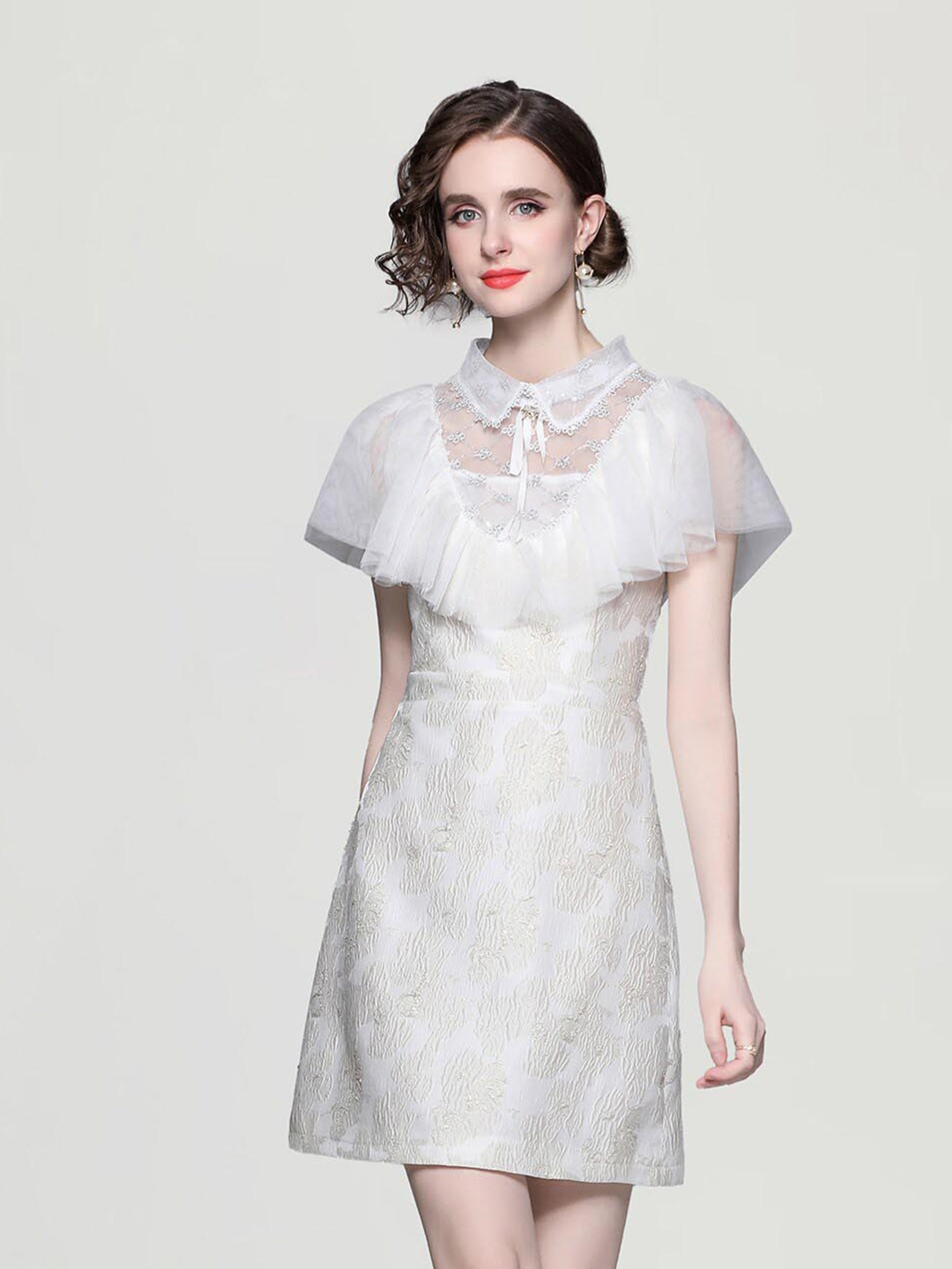 

JC Collection Self Design Shirt Collar Cape Sleeve Tie Up A-Line Dress, Beige