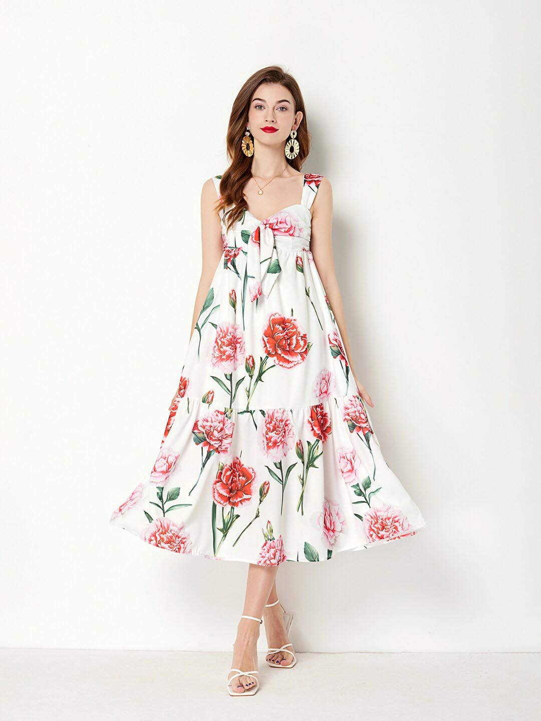 

JC Collection Floral Printed Gathered A-Line Midi Dress, Red