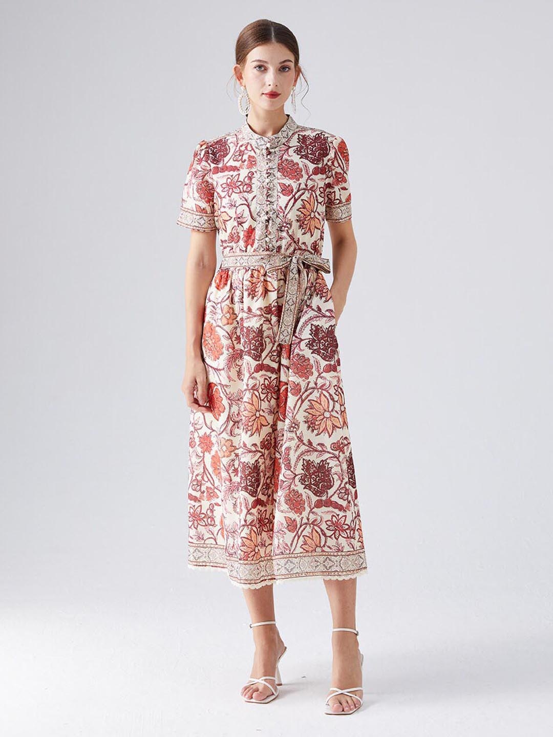 

JC Collection Floral Printed Mandarin Collar Belted Fit & Flare Midi Dress, Pink