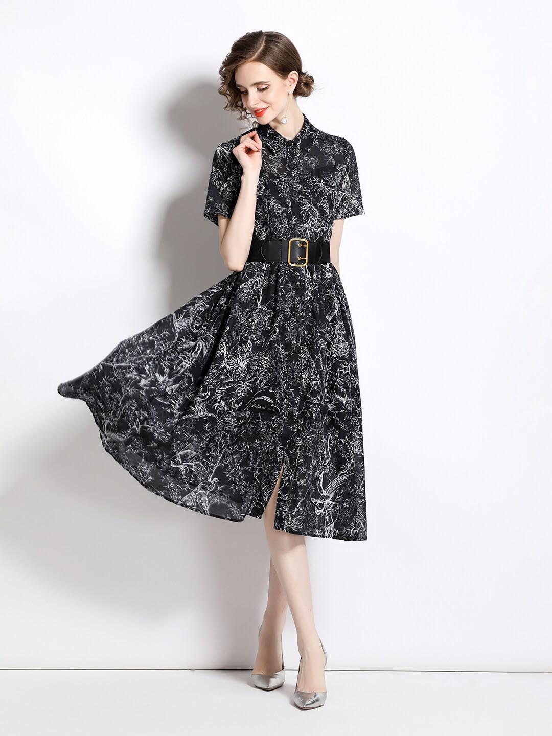 

JC Collection Floral Printed Gathered Fit & Flare Midi Dress, Black