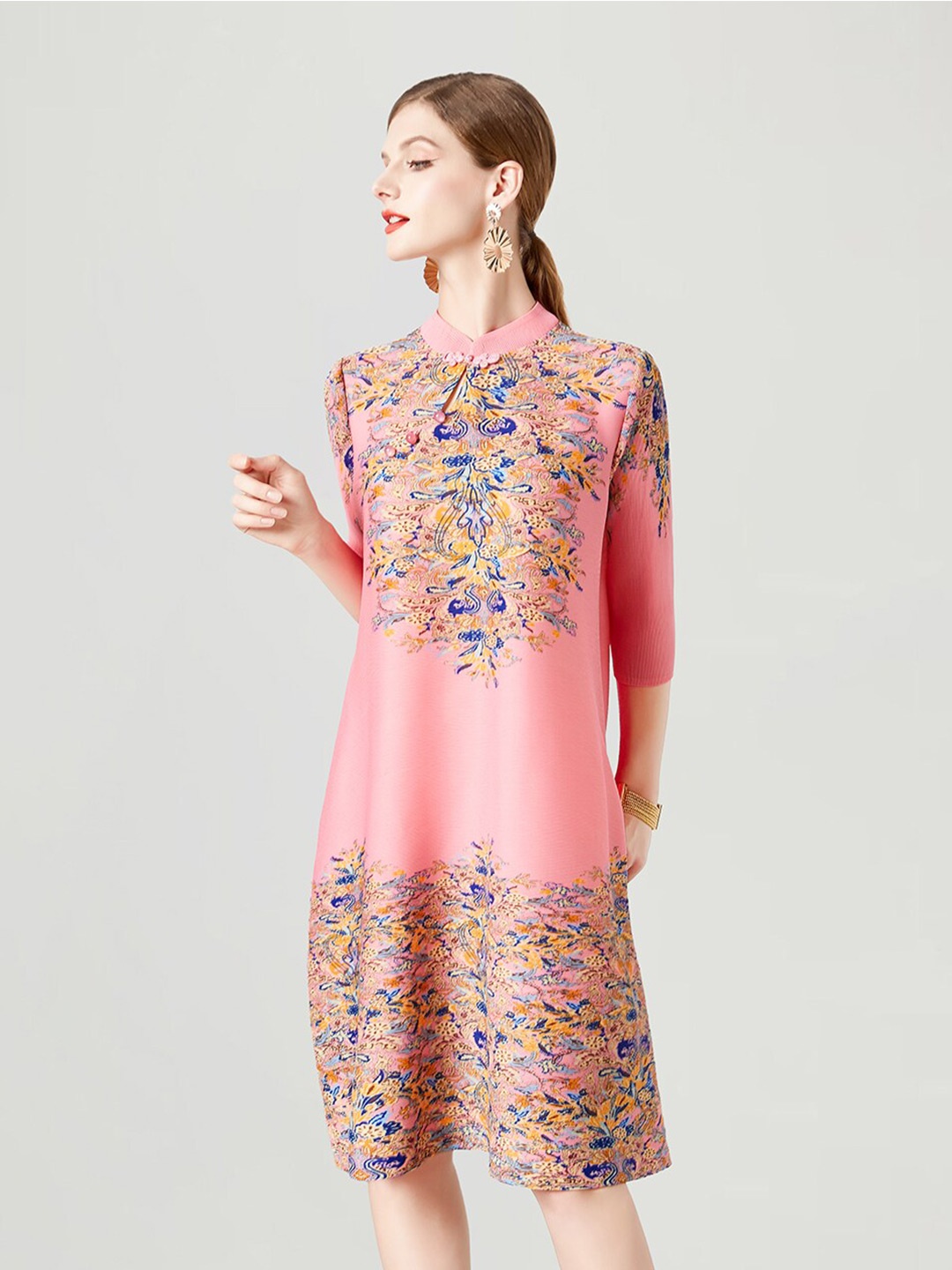 

JC Collection Floral Printed Mandarin Collar A-Line Dress, Pink