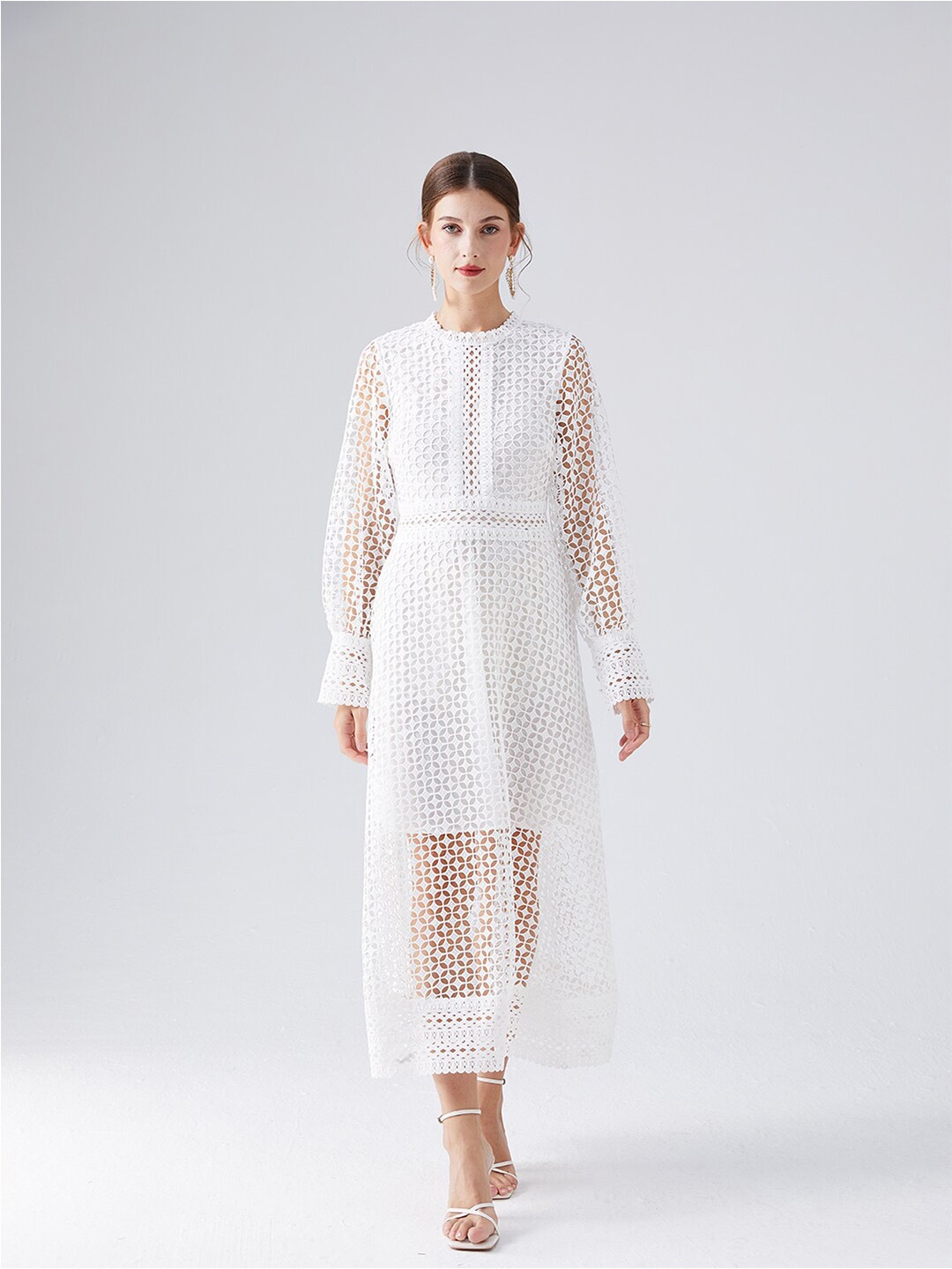 

JC Collection Self Design Round Neck Long Sleeves A-Line Midi Dress, White