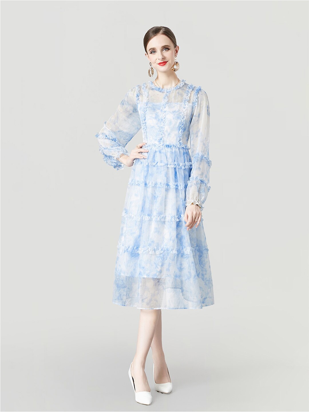 

JC Collection Tie and Dye Dyed Puff Sleeve Ruffled Tiered Fit & Flare Midi Dress, Blue