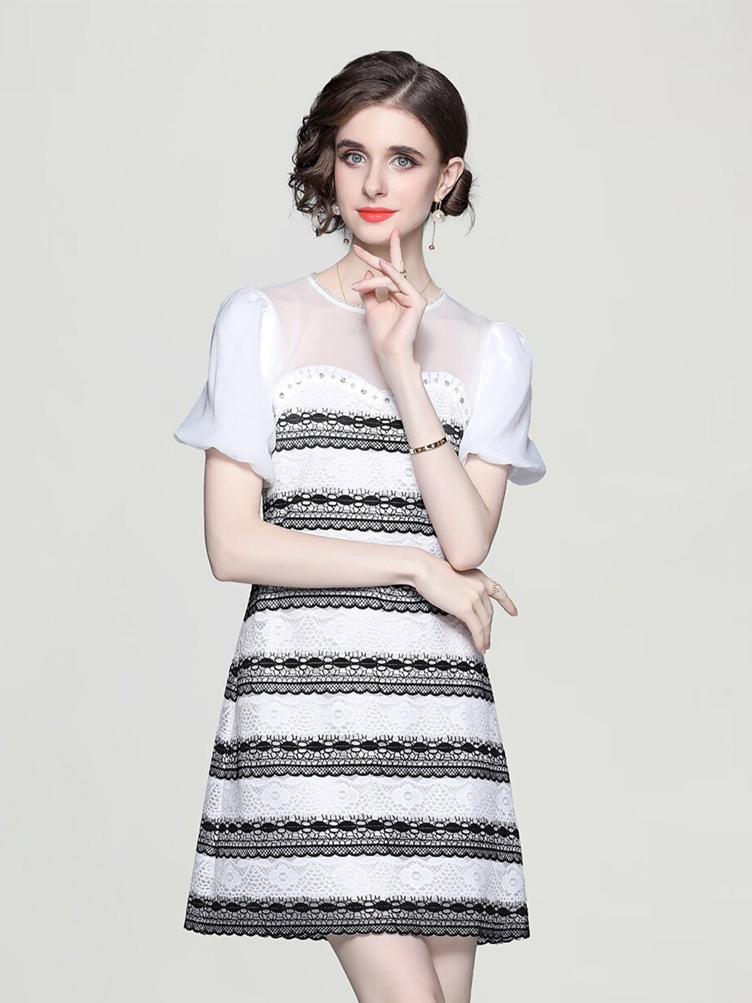 

JC Collection Self Design Puff Sleeves A-Line Mini Dress, White