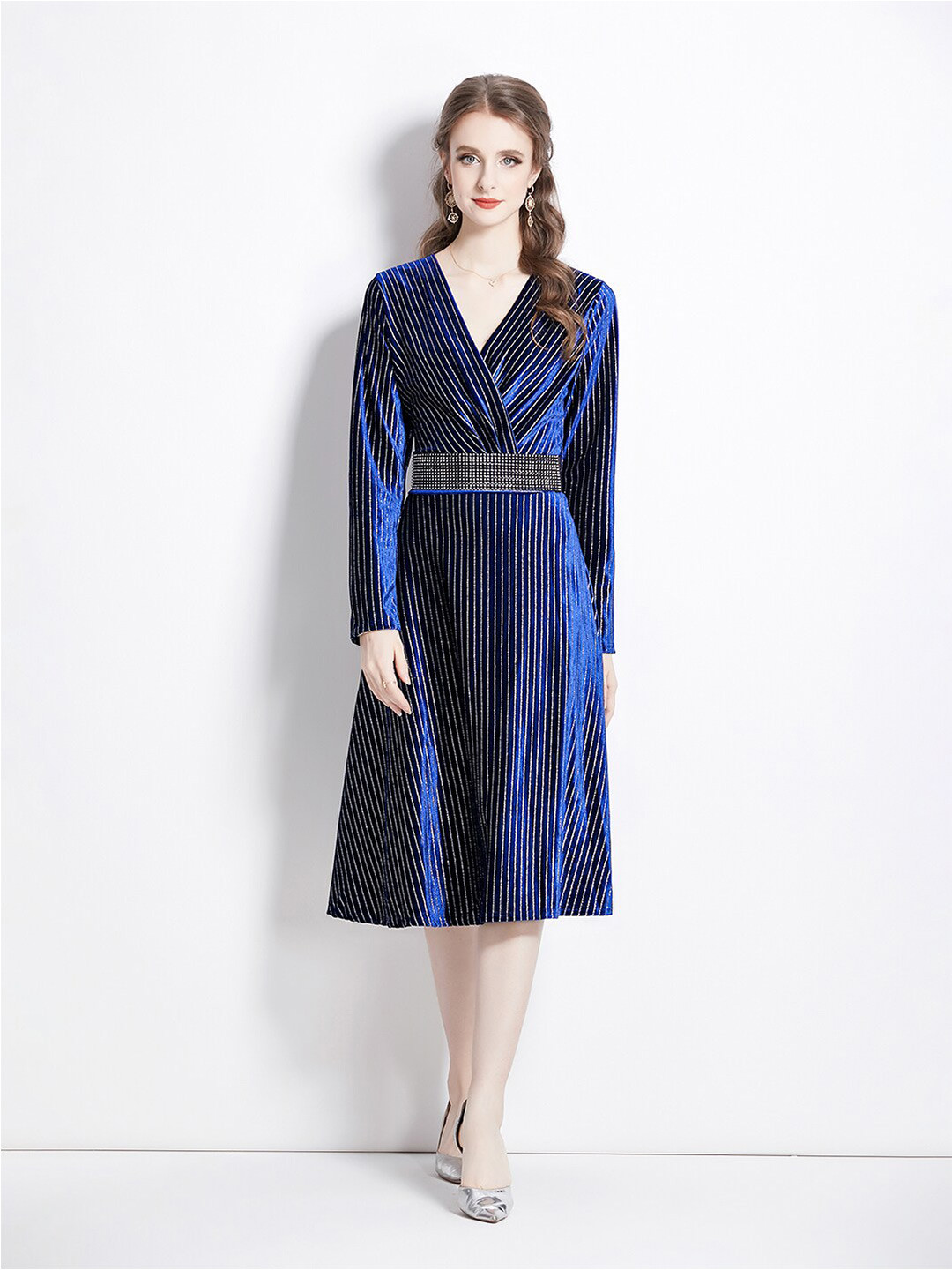 

JC Collection Striped V-Neck Long Sleeves Embellished A-Line Midi Dress, Blue