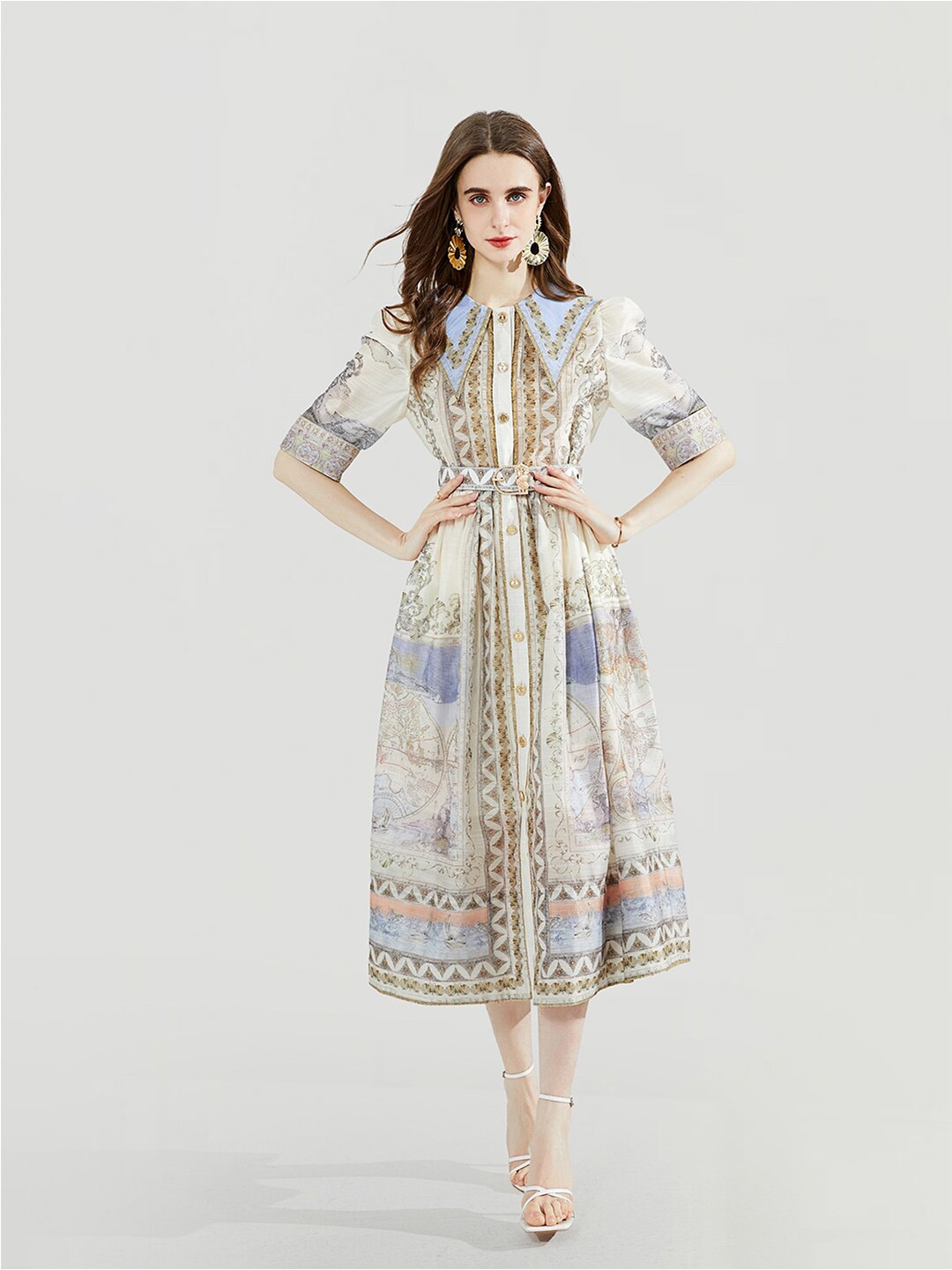 

JC Collection Ethnic Motifs Printed Above the Keyboard Collar Gathered Shirt Midi Dress, White