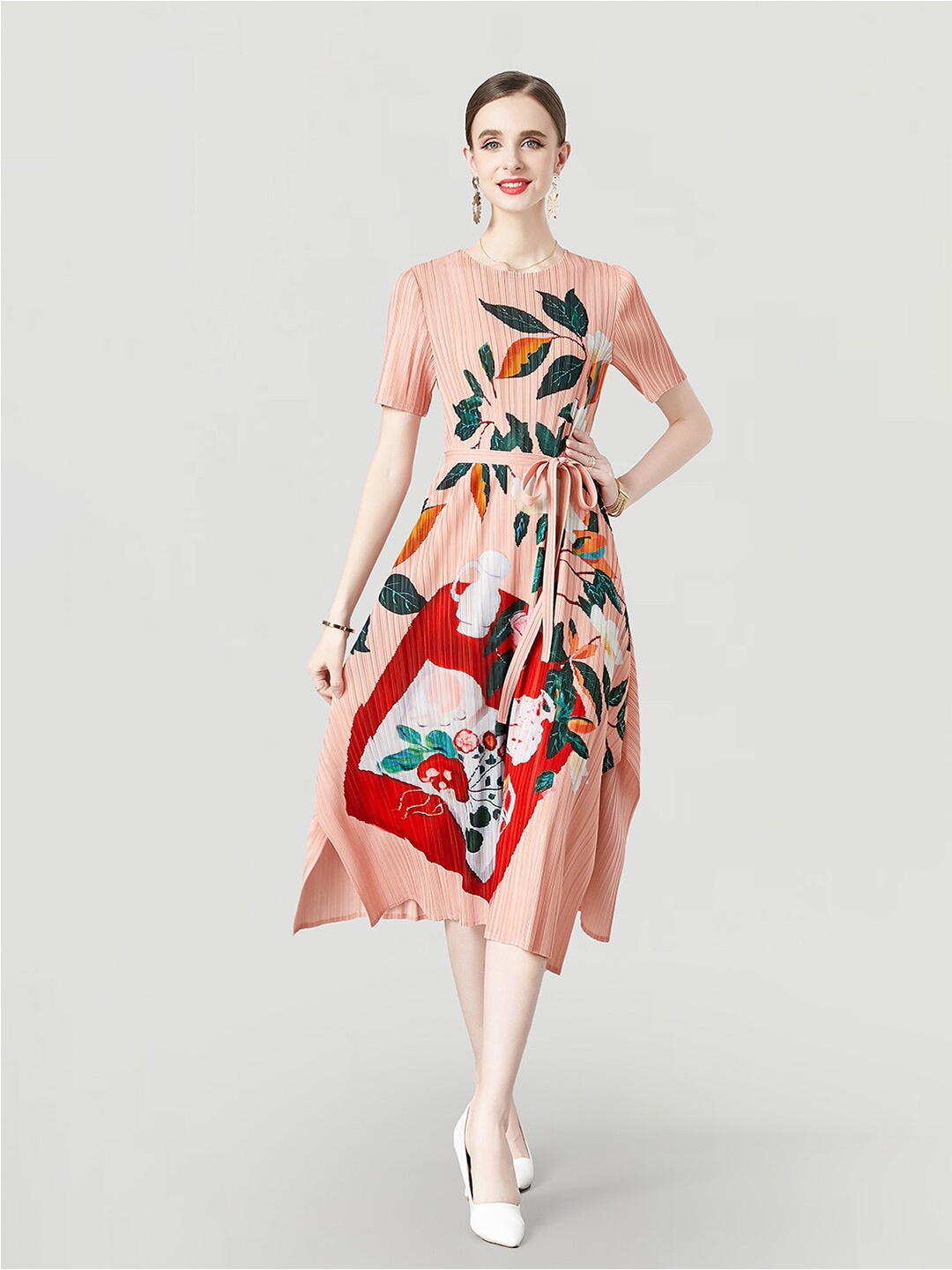 

JC Collection Leaf Printed A-Line Midi Dress, Peach