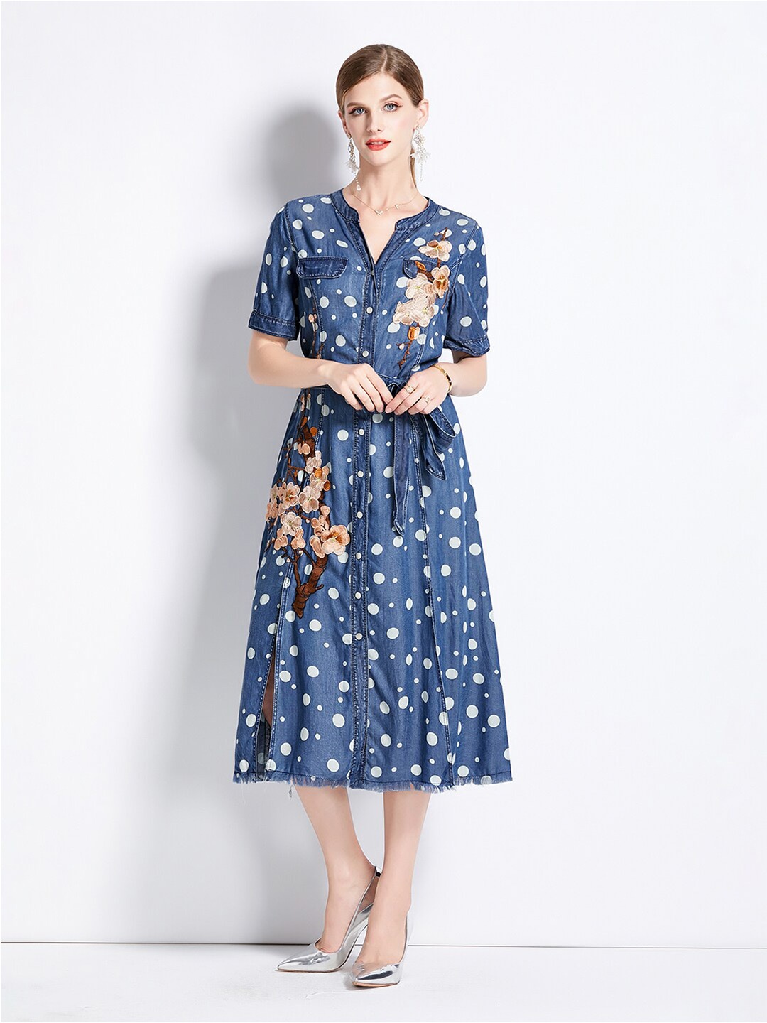 

JC Collection Floral Printed Mandarin Collar A-Line Midi Dress, Blue