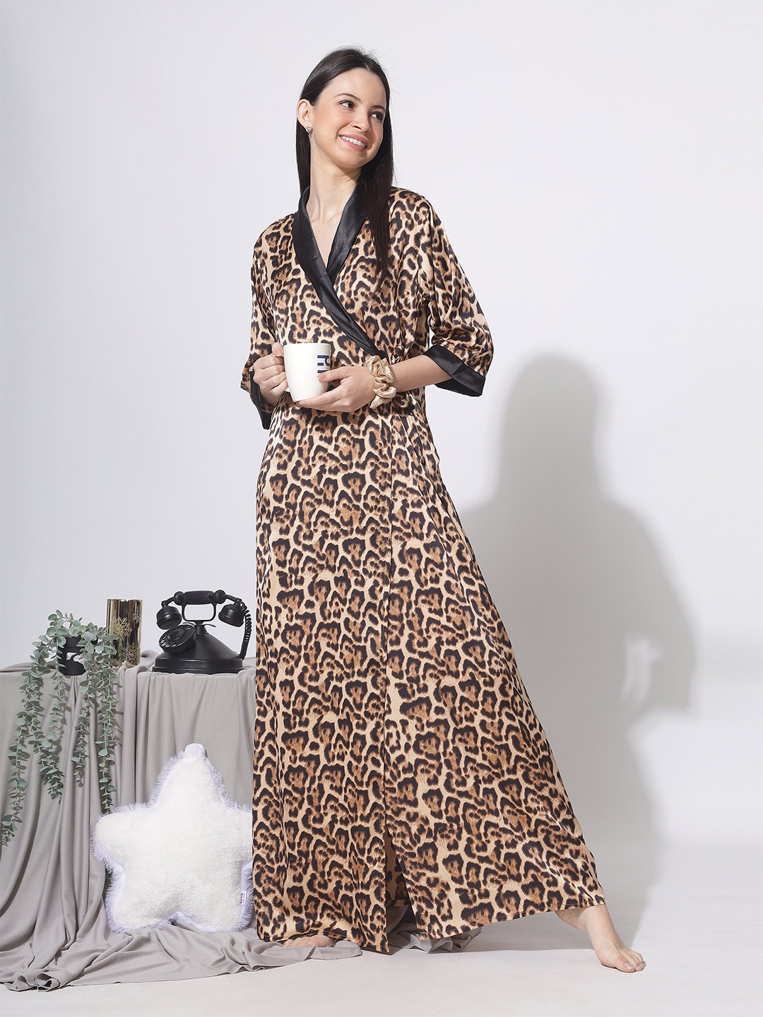 

9shines Label Animal Printed V-Neck Satin Maxi Nightdress, Brown
