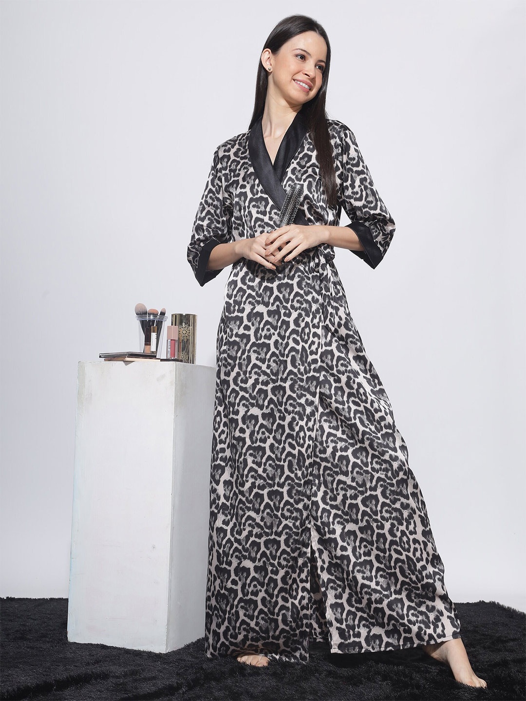 

9shines Label Animal Printed V-Neck Satin Maxi Nightdress, Black
