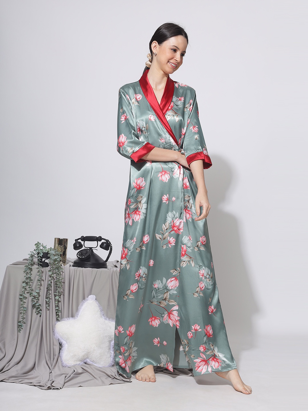 

9shines Label Floral Printed V-Neck Satin Maxi Nightdress, Green