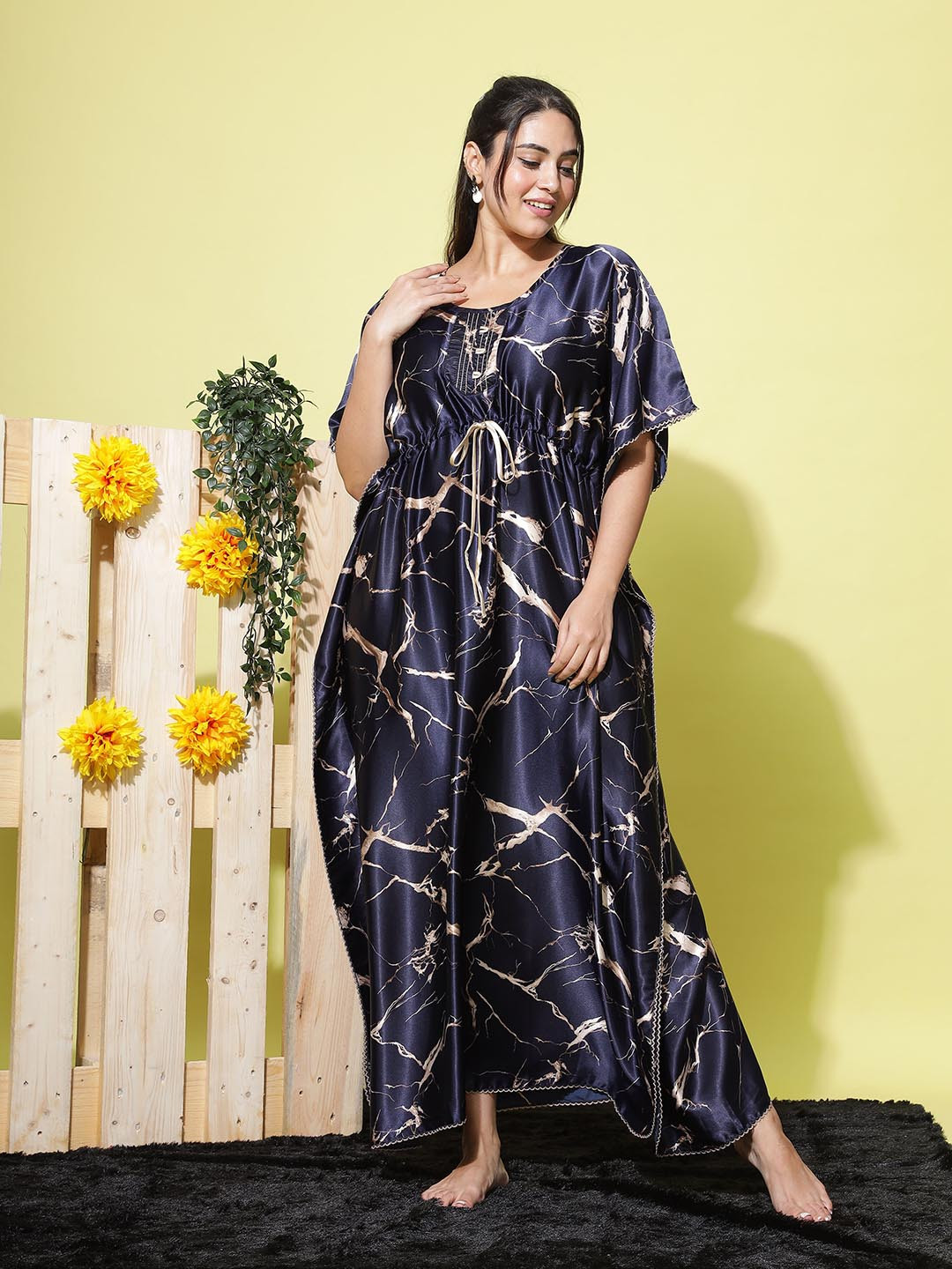 

9shines Label Abstract Printed Maxi Satin Kaftan Nightdress, Blue