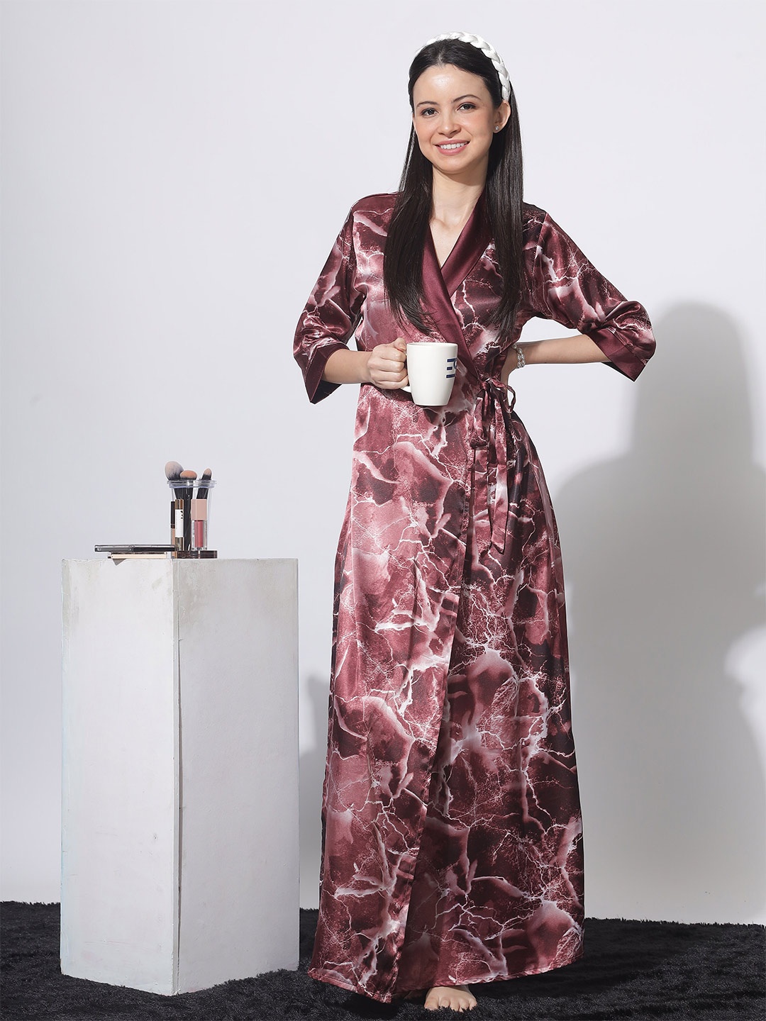 

9shines Label Abstract Printed V-Neck Satin Maxi Nightdress, Burgundy