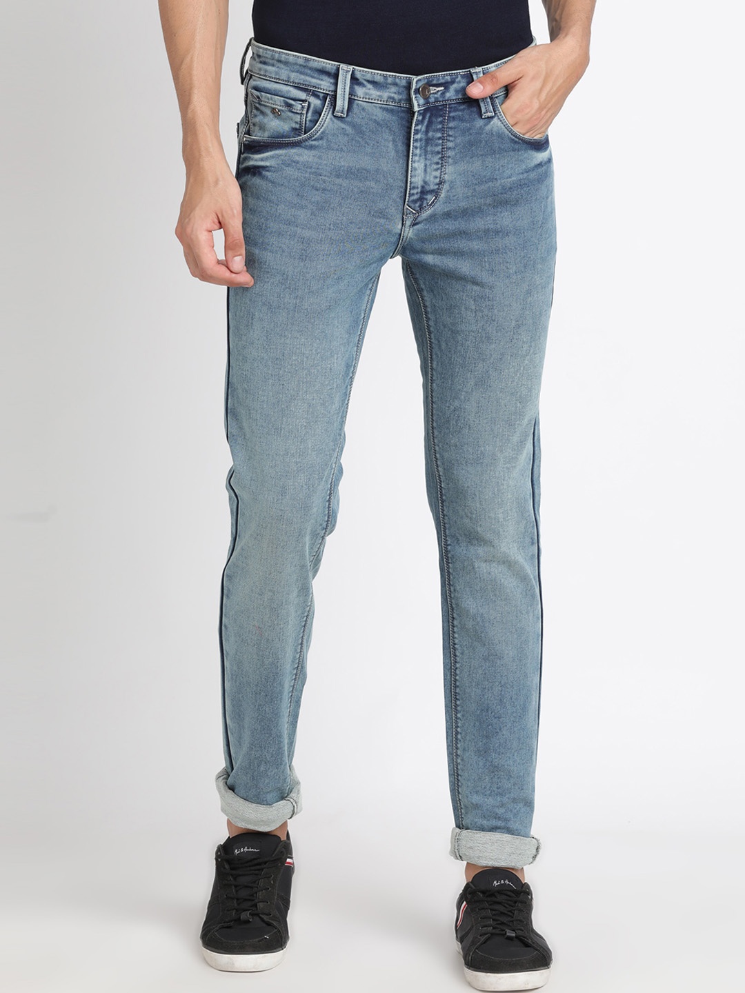 

Turtle Men Narrow Tapered Fit Clean Look Heavy Fade Stretchable Jeans, Blue