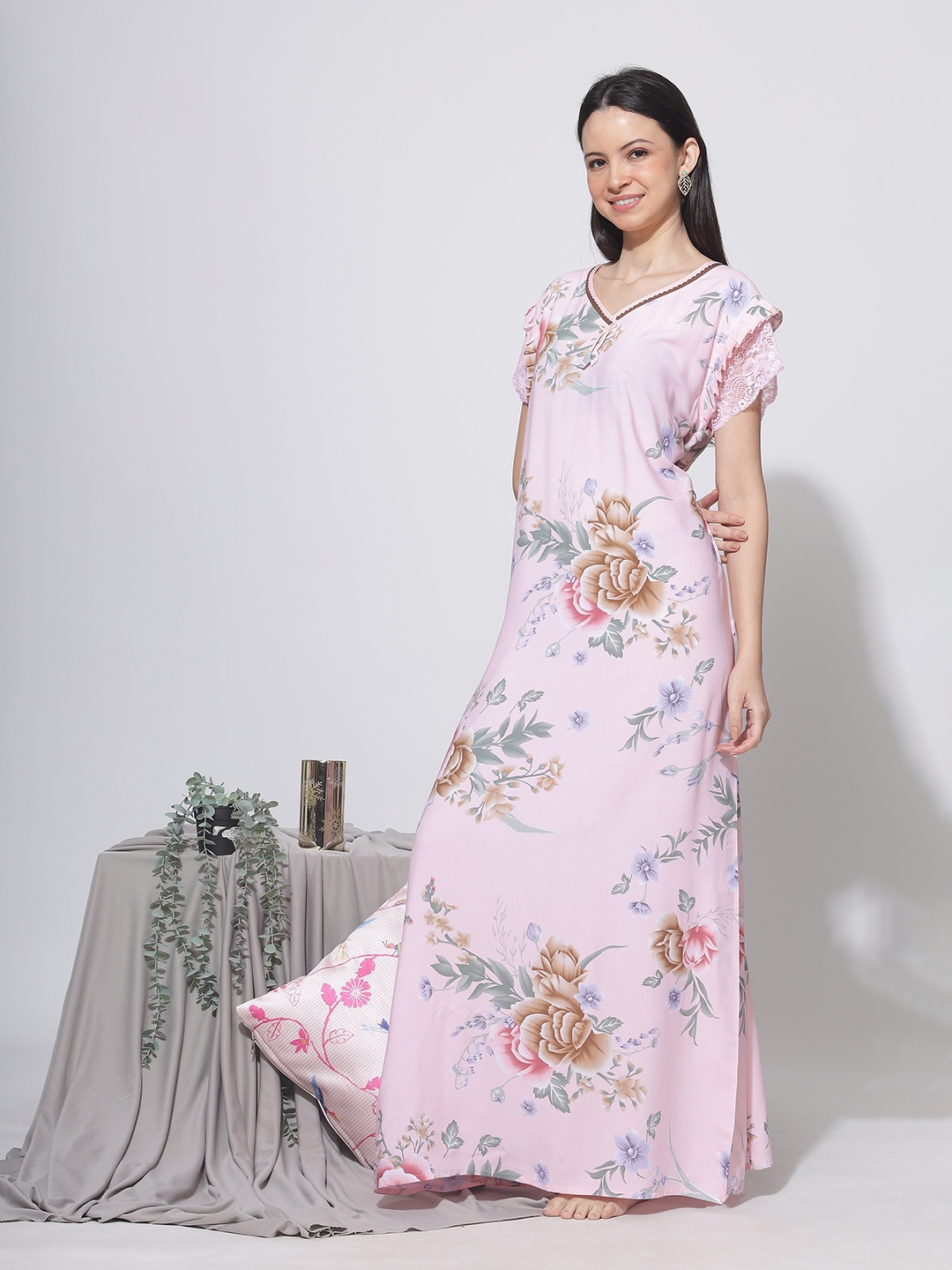 

9shines Label Floral Printed V-Neck Maxi Nightdress, Pink