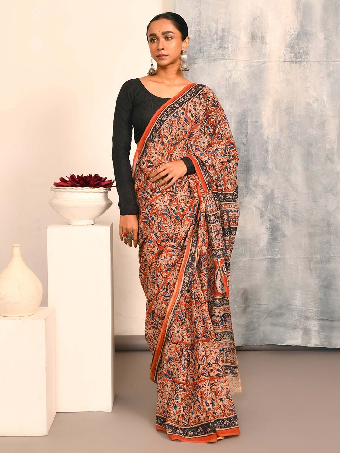 

Indethnic Kalamkari Printed Pure Cotton Saree, Beige