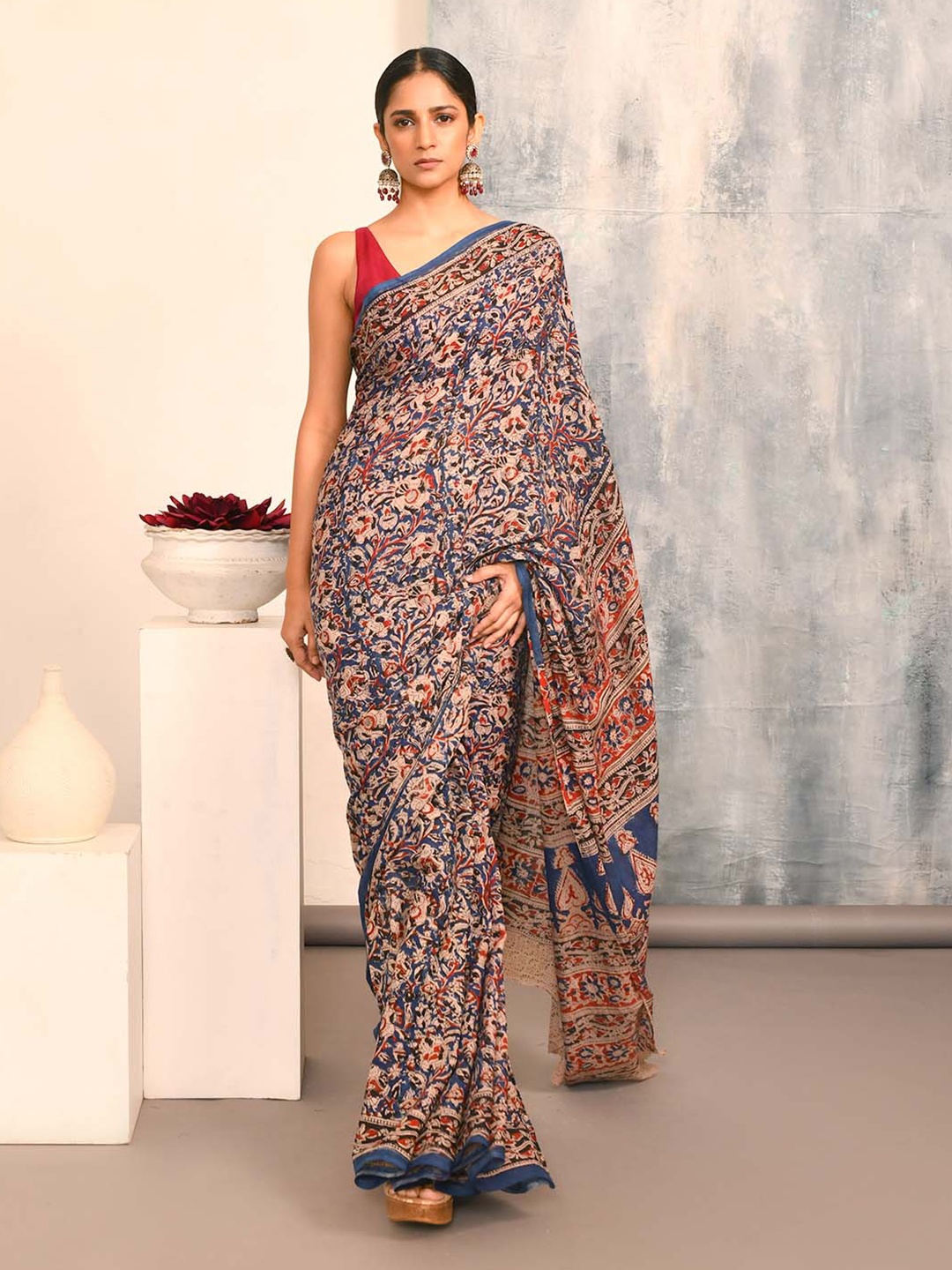 

Indethnic Kalamkari Printed Pure Cotton Saree, Beige