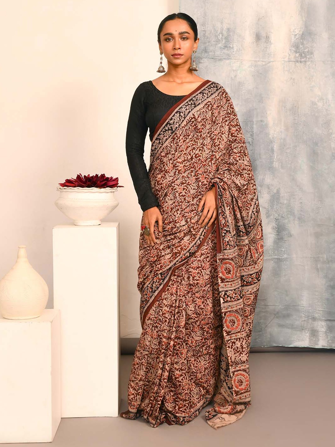 

Indethnic Kalamkari Printed Pure Cotton Saree, Beige