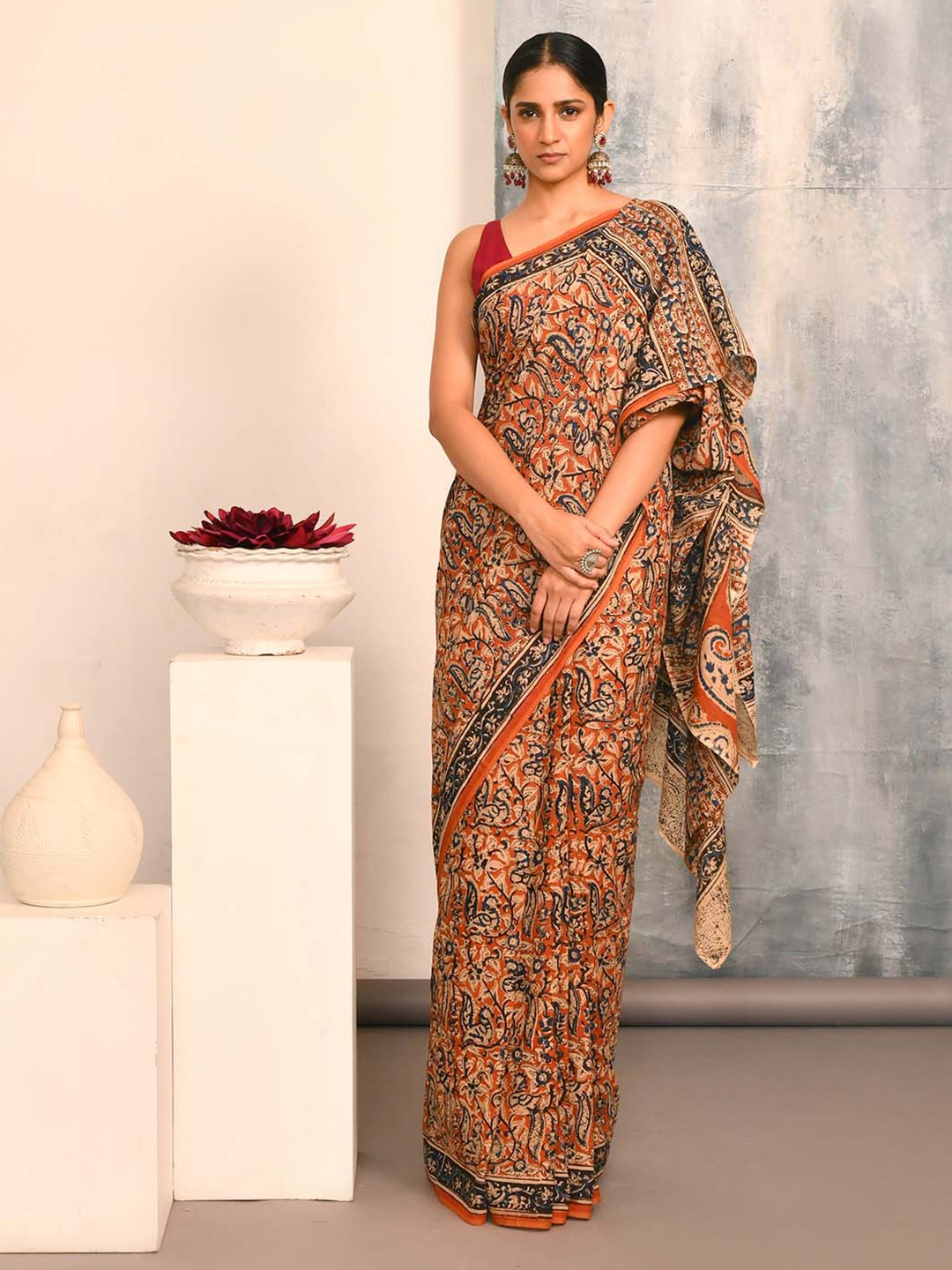 

Indethnic Kalamkari Printed Pure Cotton Block Print Saree, Orange
