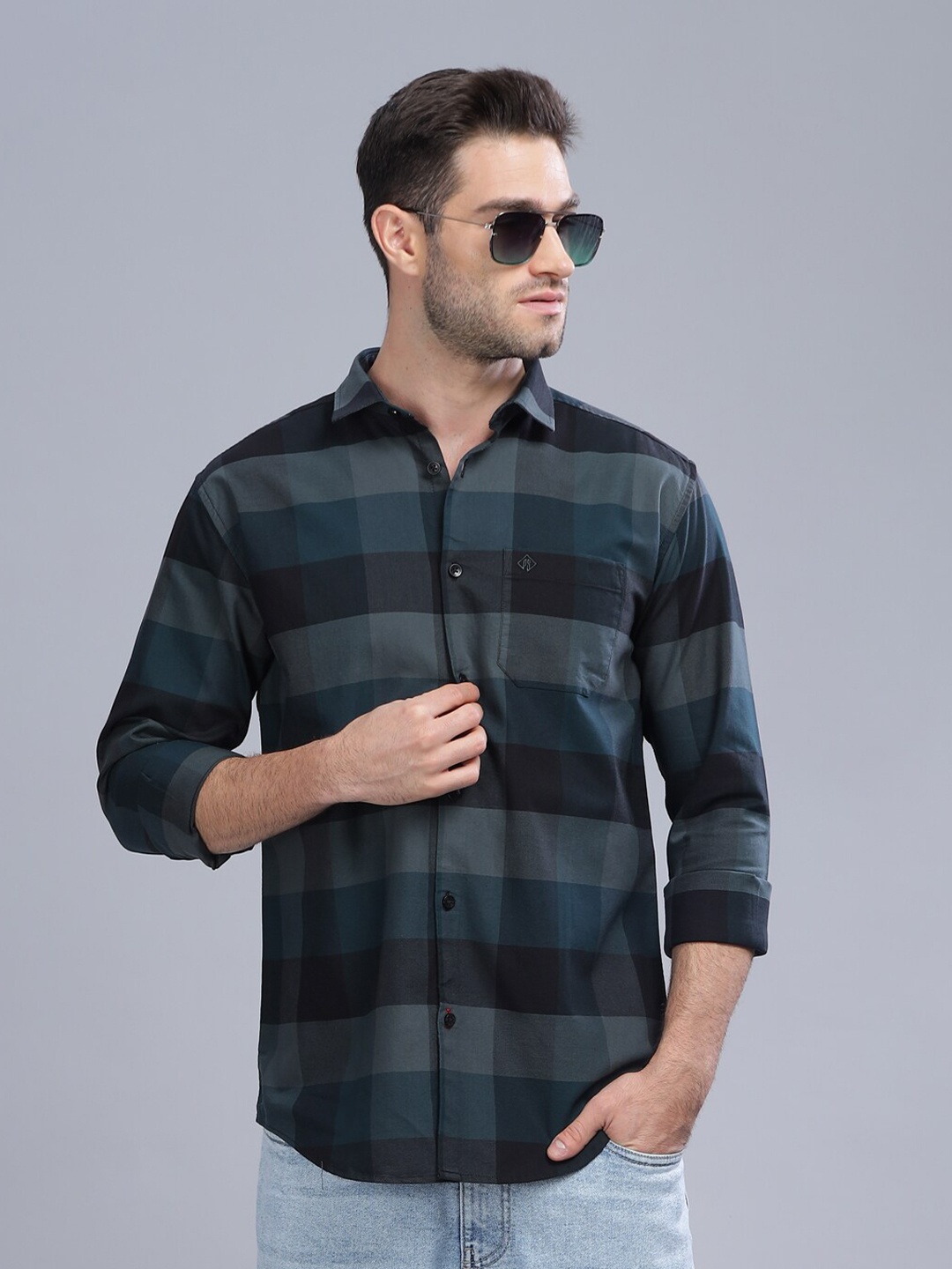 

PAUL STREET Standard Slim Fit Buffalo Checks Oxford Cotton Casual Shirt, Green