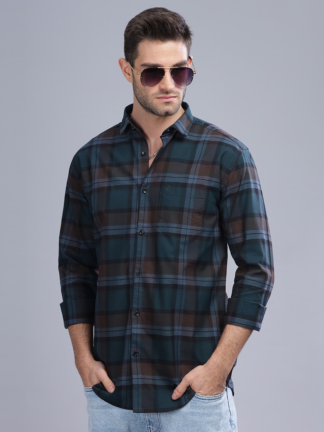 

PAUL STREET Standard Slim Fit Tartan Checks Oxford Cotton Casual Shirt, Green