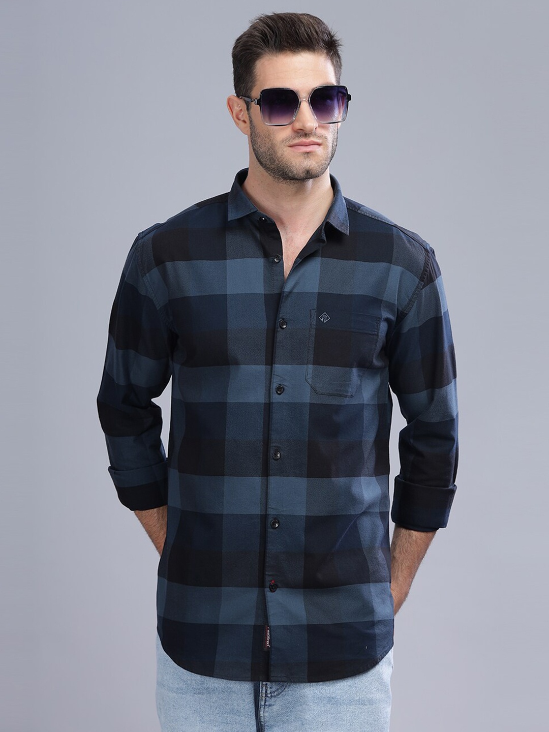 

PAUL STREET Standard Slim Fit Buffalo Checked Oxford Cotton Casual Shirt, Teal