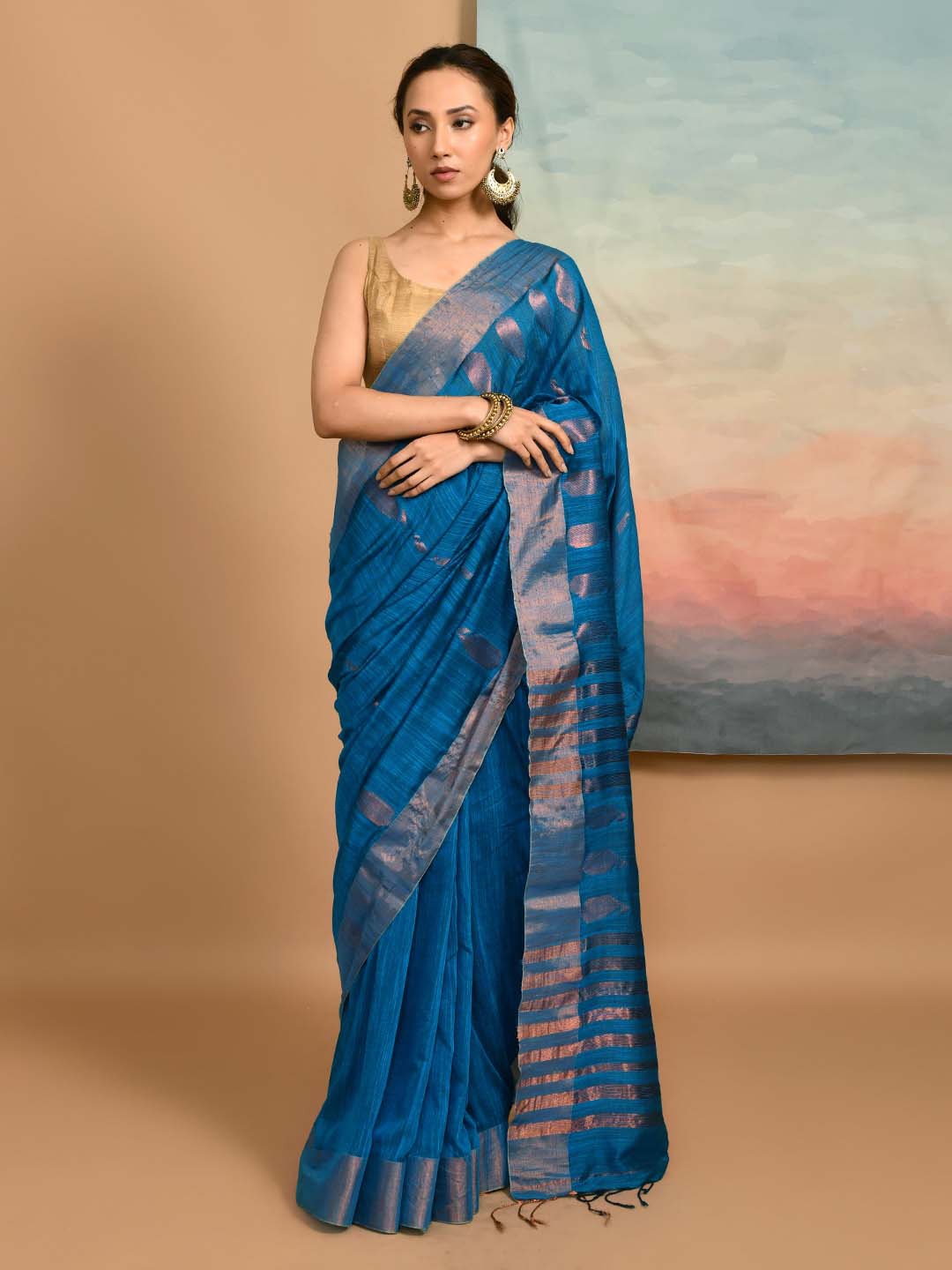 

Indethnic Floral Woven Design Jamdani Saree, Blue