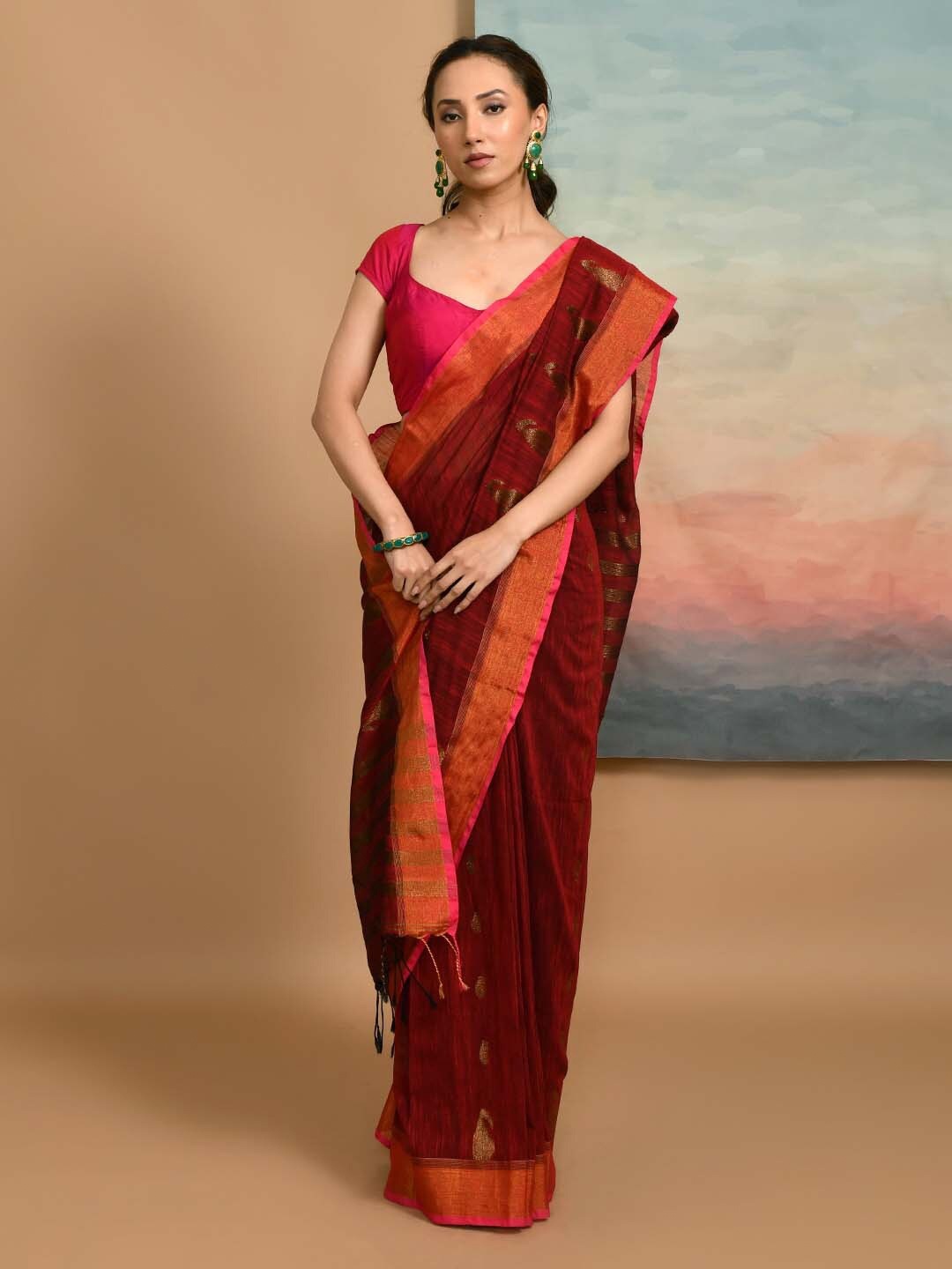 

Indethnic Floral Woven Design Jamdani Saree, Maroon