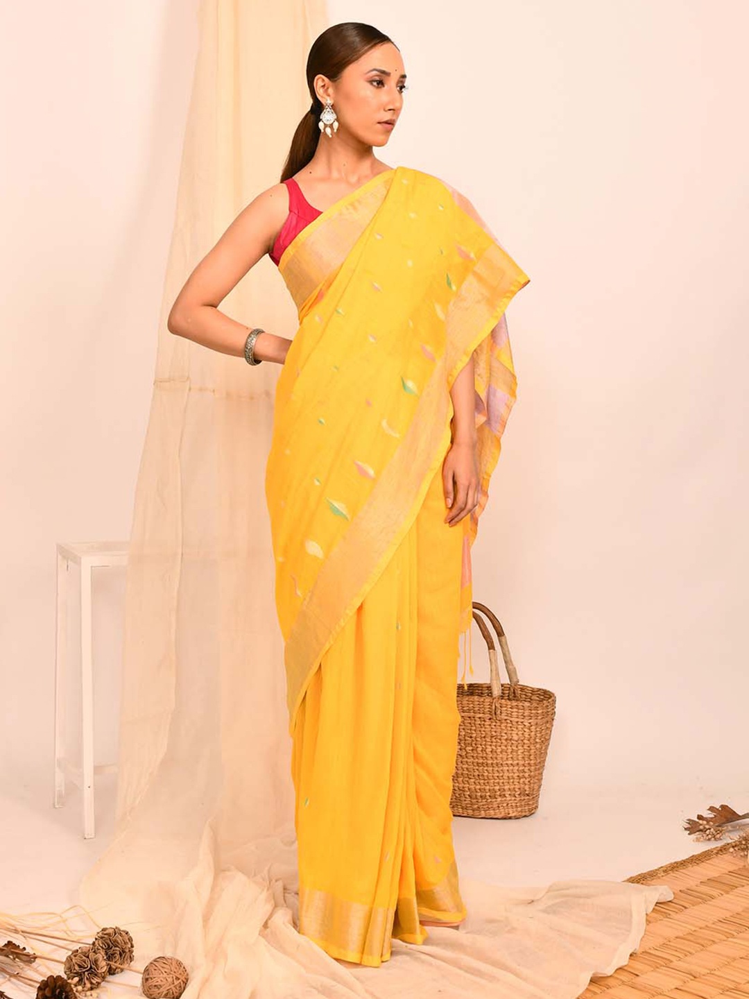 

Indethnic Ethnic Motifs Woven Design Jamdani Saree, Yellow