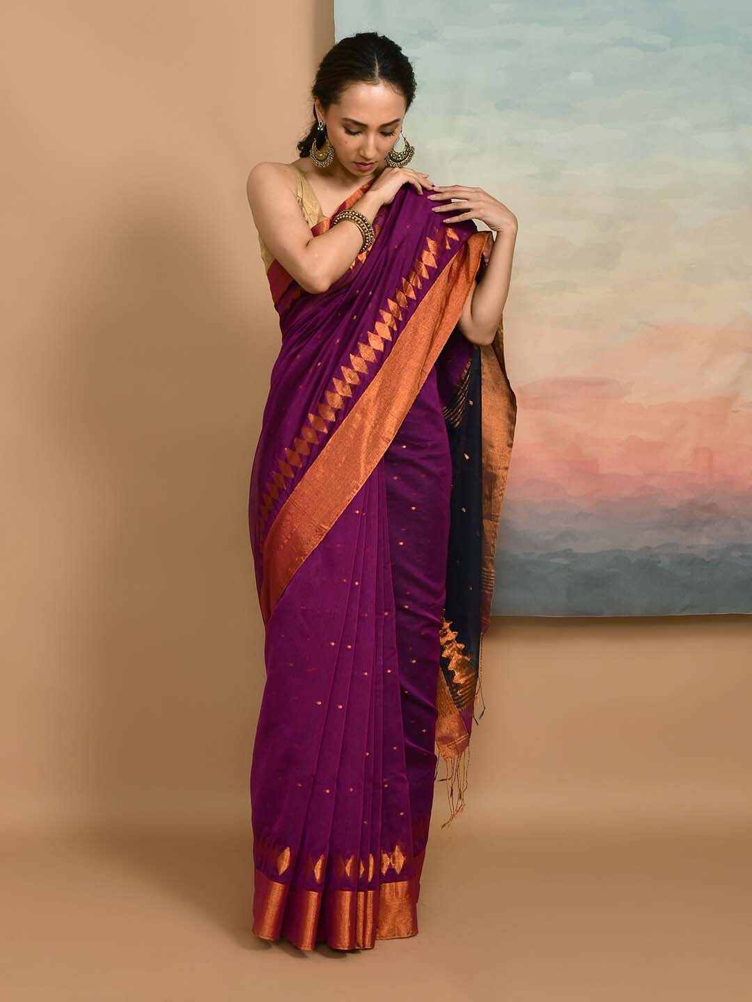

Indethnic Ethnic Motifs Woven Designed Jamdani Saree, Purple