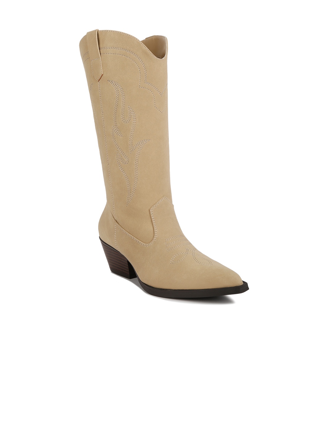 

London Rag Women Pointed Toe High Top Embroidered Block Heel Cowboy Boots, Beige