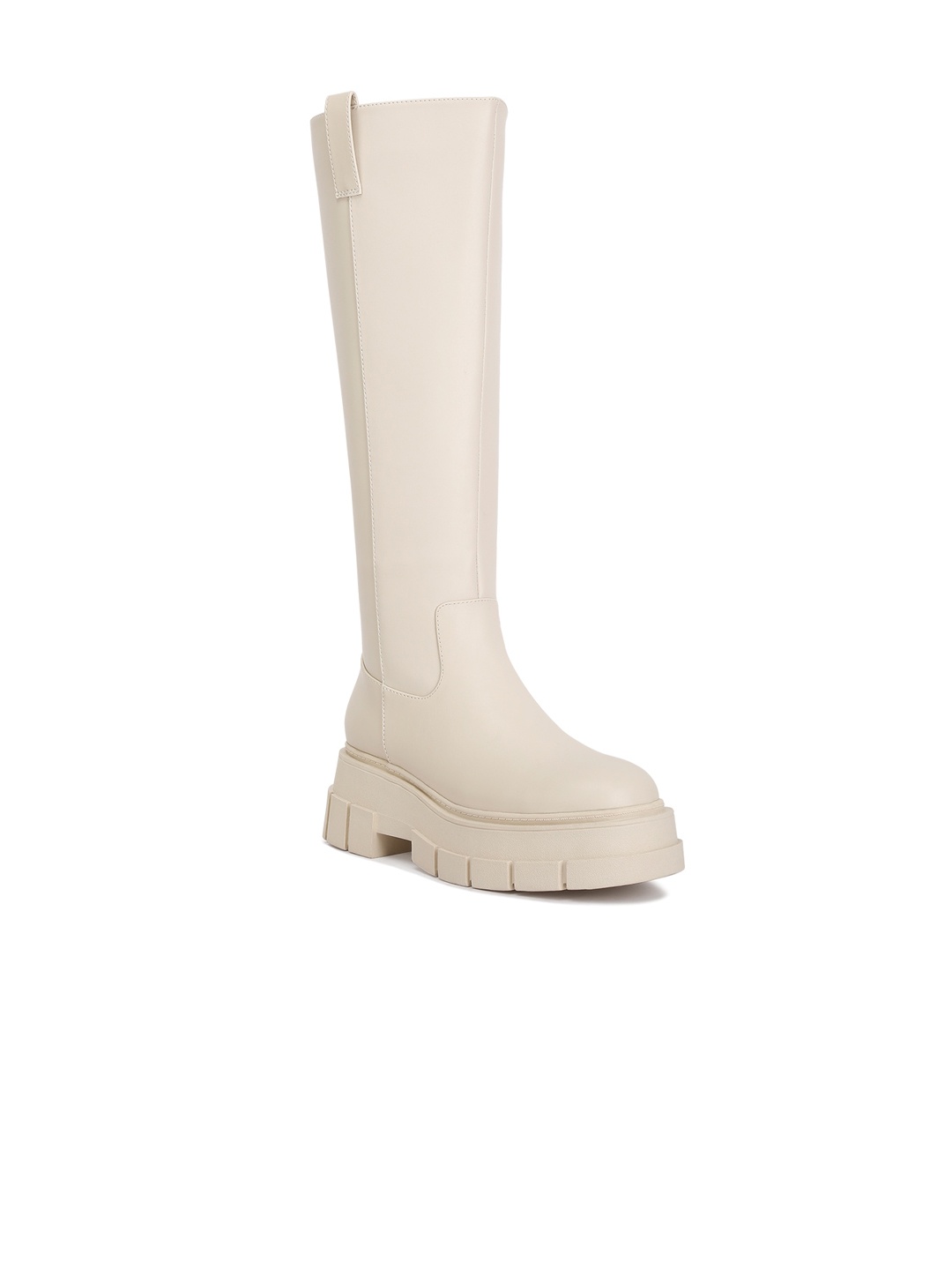

London Rag Women High-Top Knee Length Platform Heeled Chunky Boots, Beige