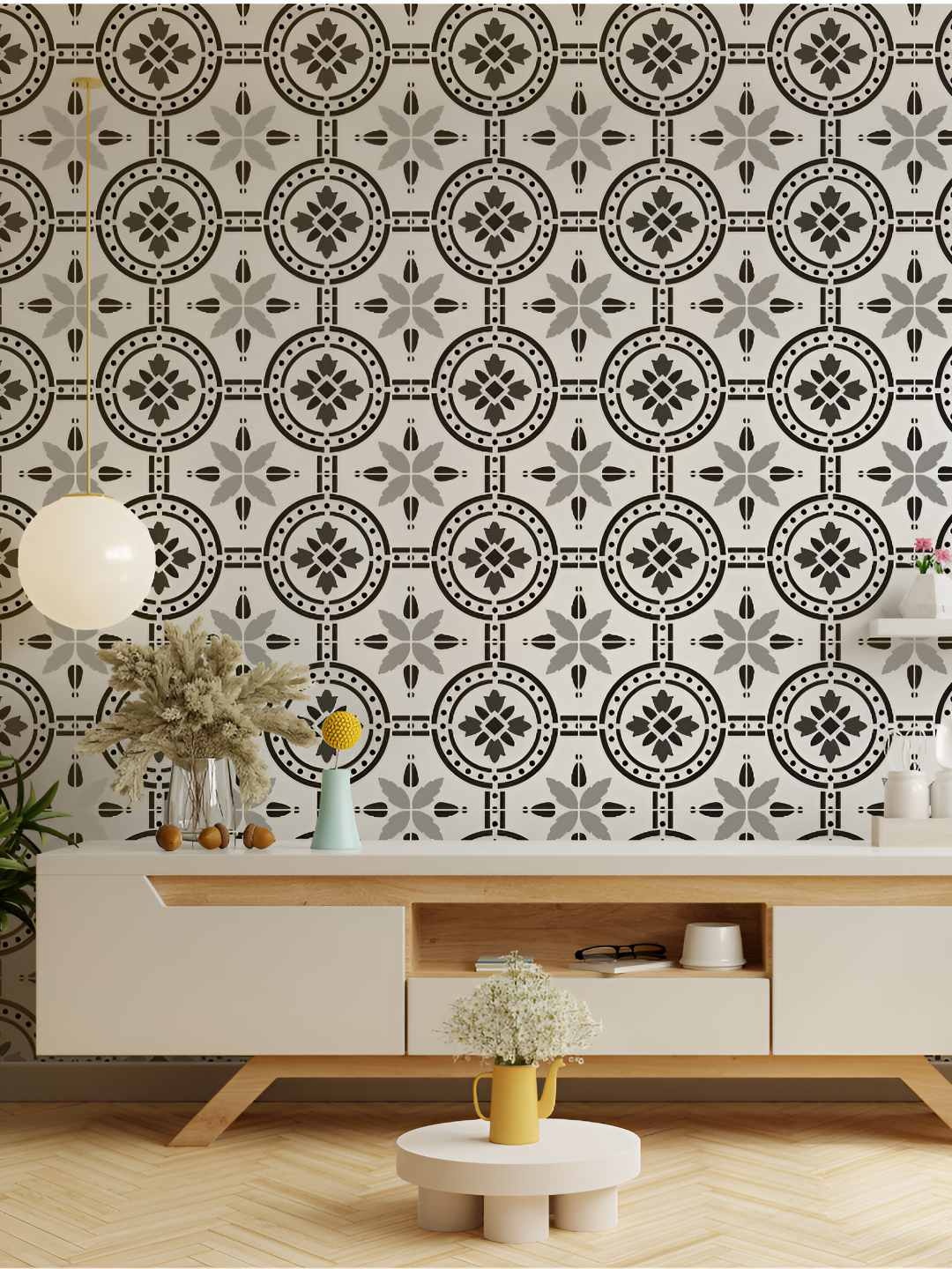 

KAYRA DECOR White European Tile Design Wall Stencil