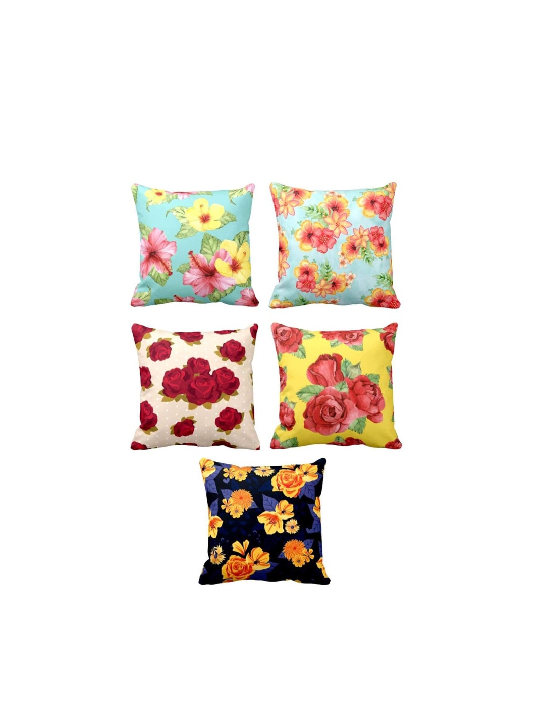 

THEYAYACAFE 5 Turquoise Blue & Red 5 Pieces Floral Cotton Square Cushion Covers