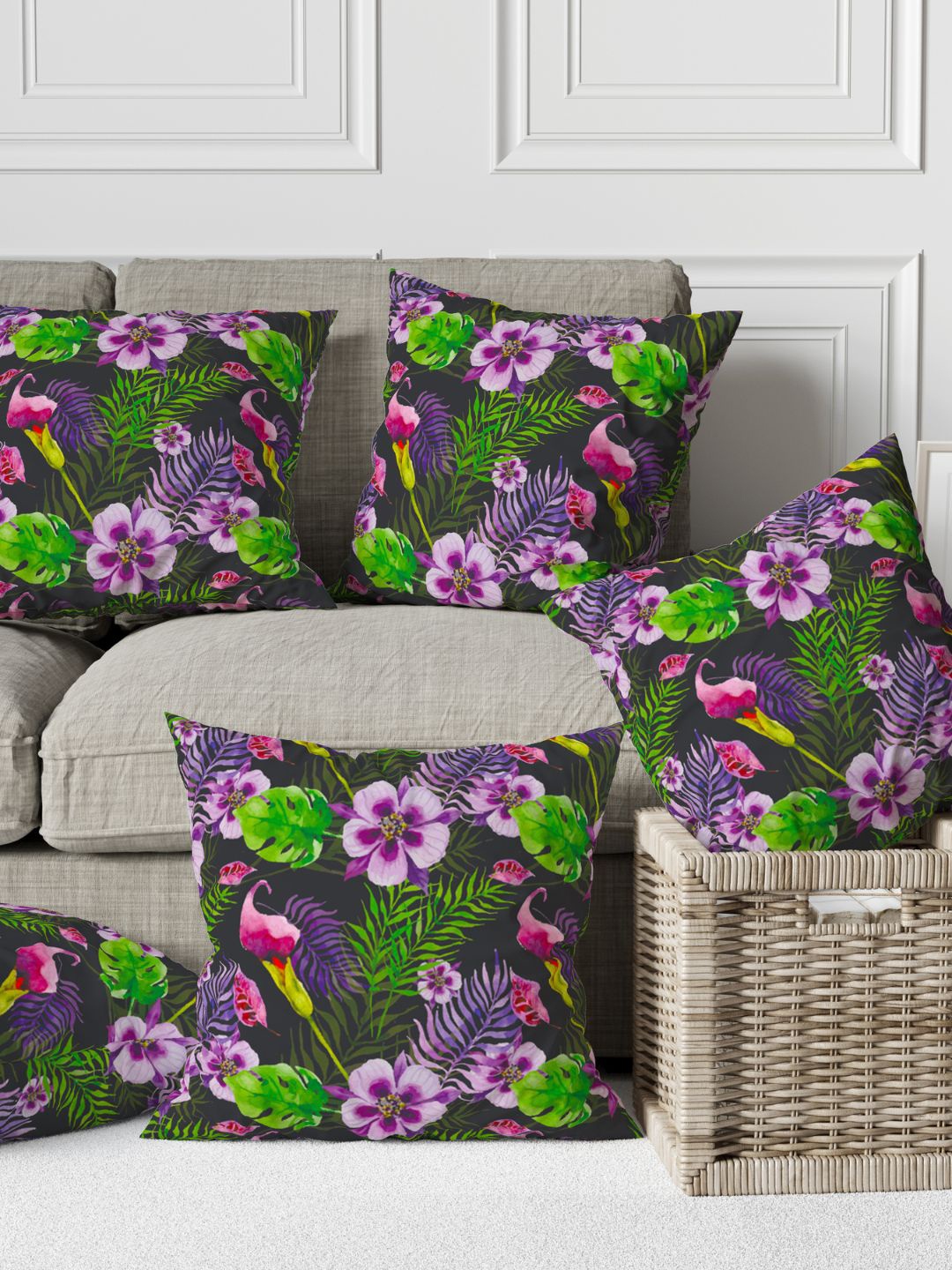

THEYAYACAFE Black & Purple 5 Pieces Floral Printed Cotton Square Cushion Covers